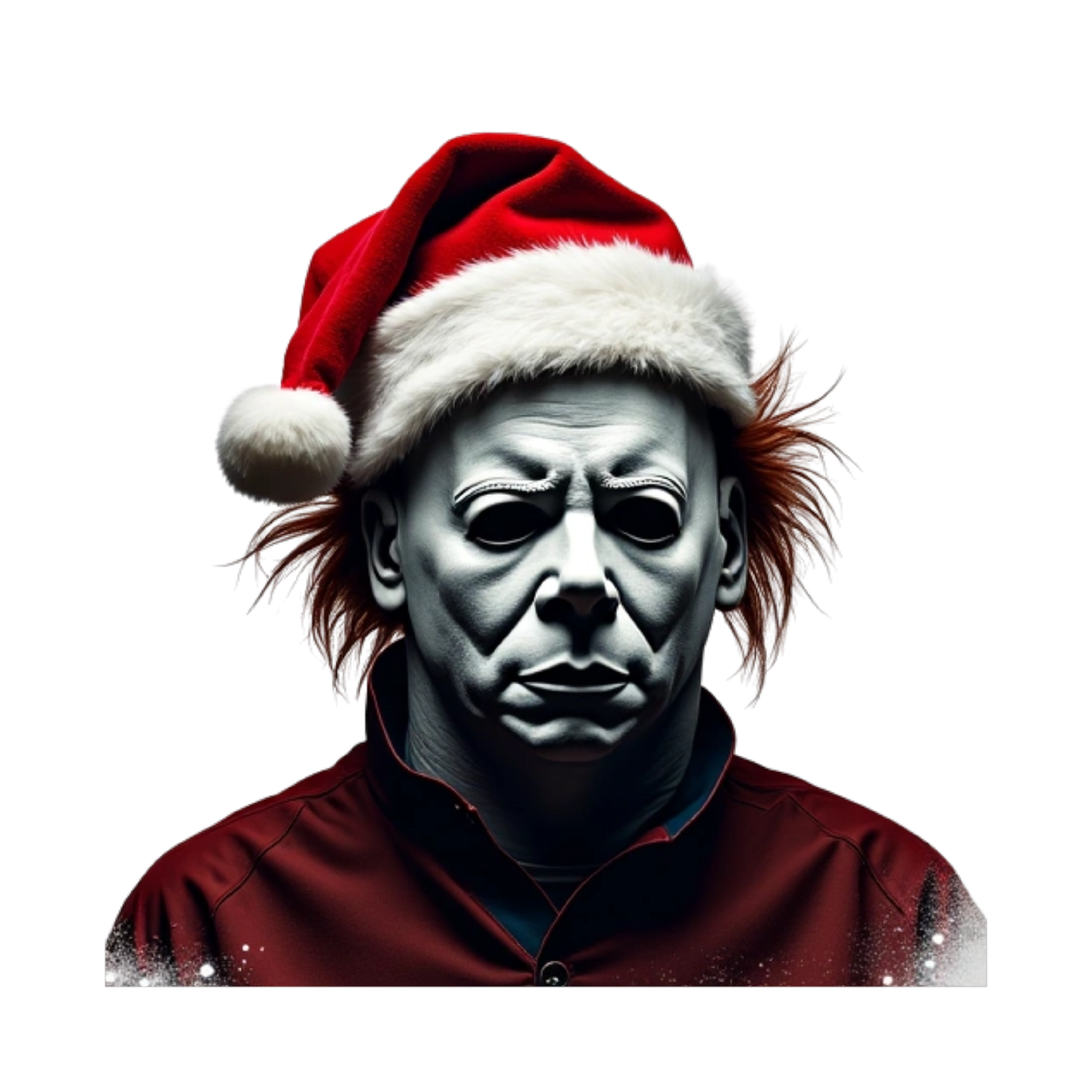 creepy font text, "he sees you when you're sleeping he knows when you're awake"
michael myers wearing santa hat