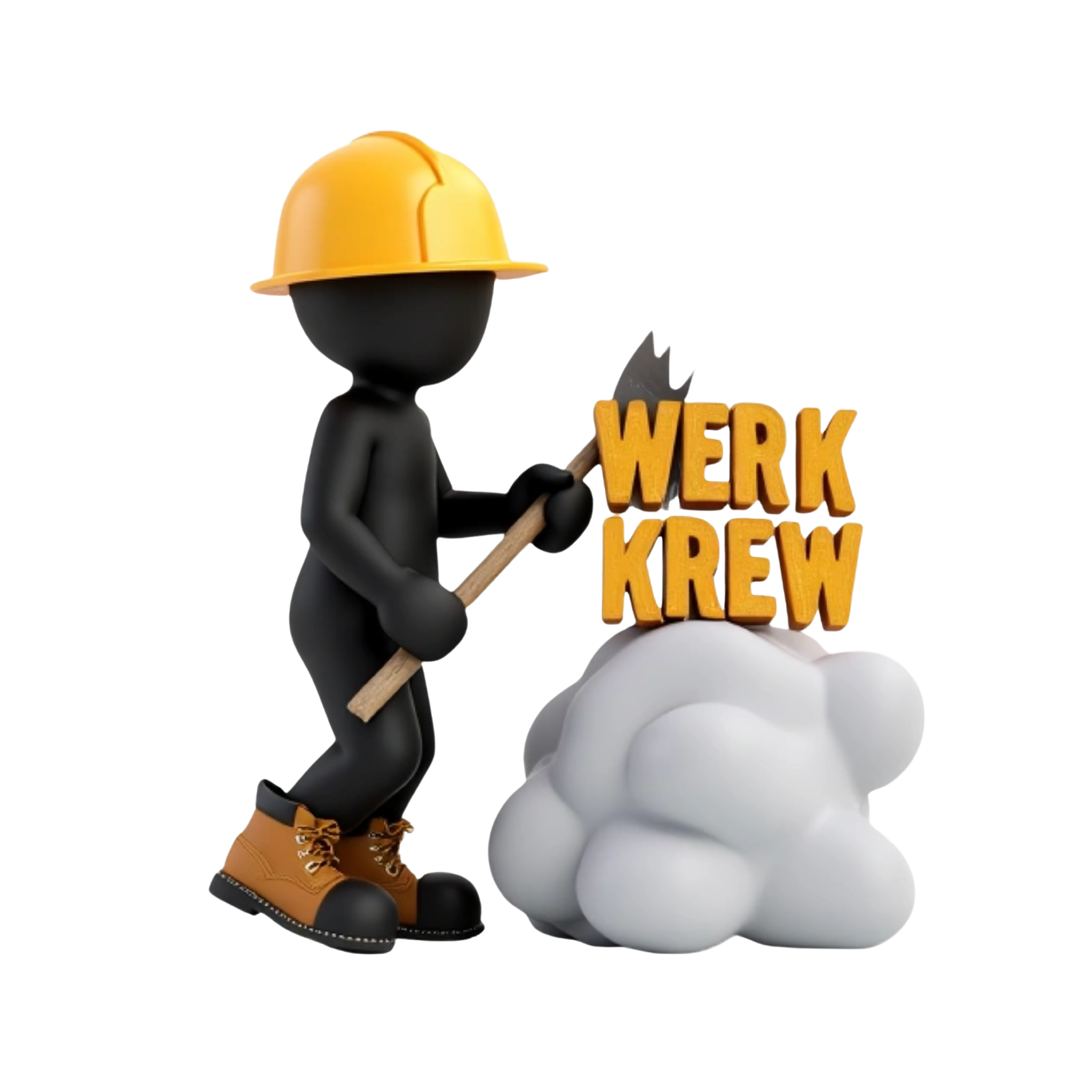 Helper realistic 3D black stick man in construction gear and timberland construction boots shoveling a cloud in the sky on top of a cloud ,on top  3D old English text saying WERK KREW