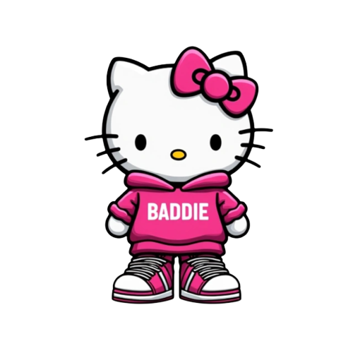 hello kitty with pink and white jordan ones with diamond grills and supreme hoodie with bold text saying "BADDIE" in pink on top