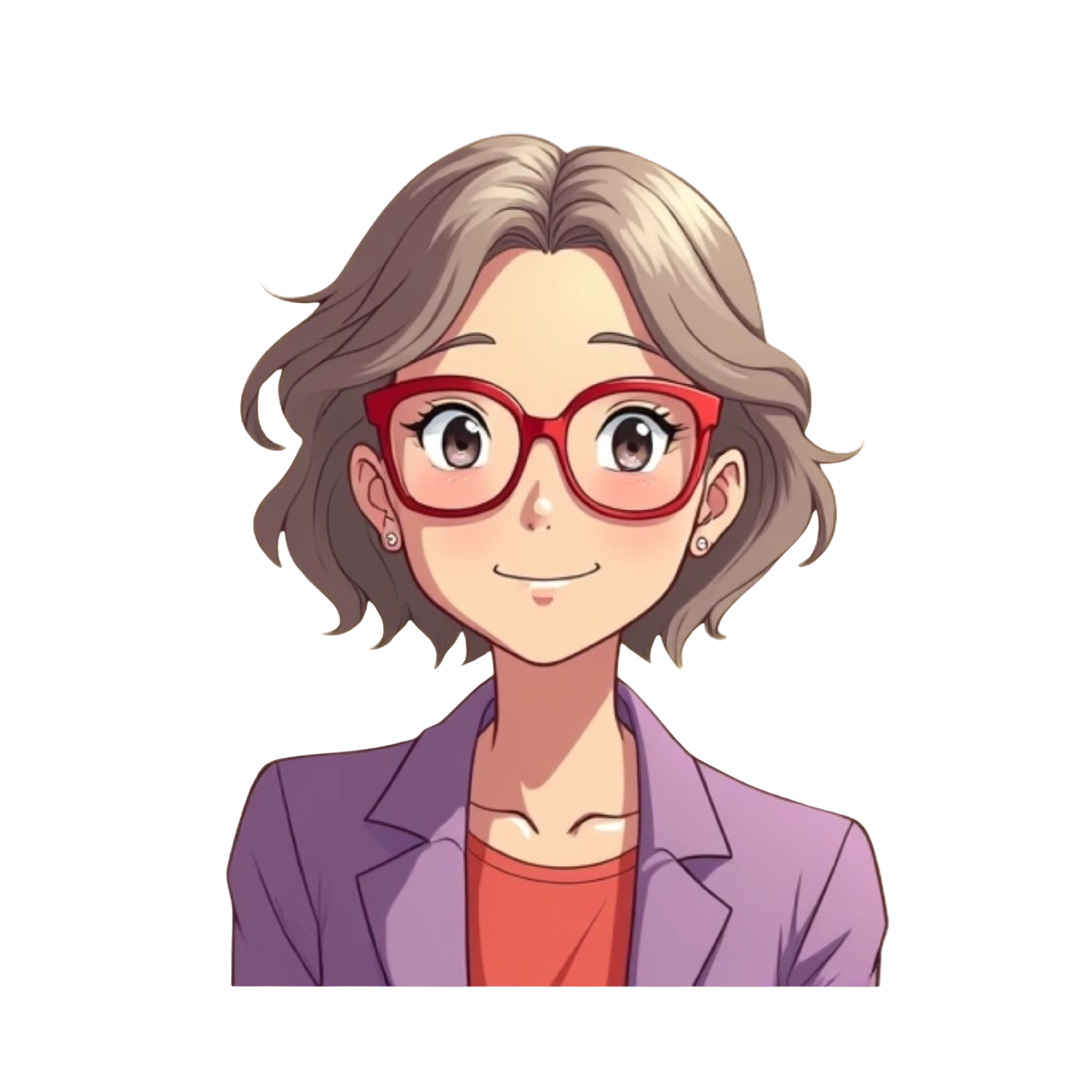 Anime style older Asian woman with light brown hair and red glasses with words saying “HAPPY 70th BIRTHDAY MOMSIE!” In lavender and yellow