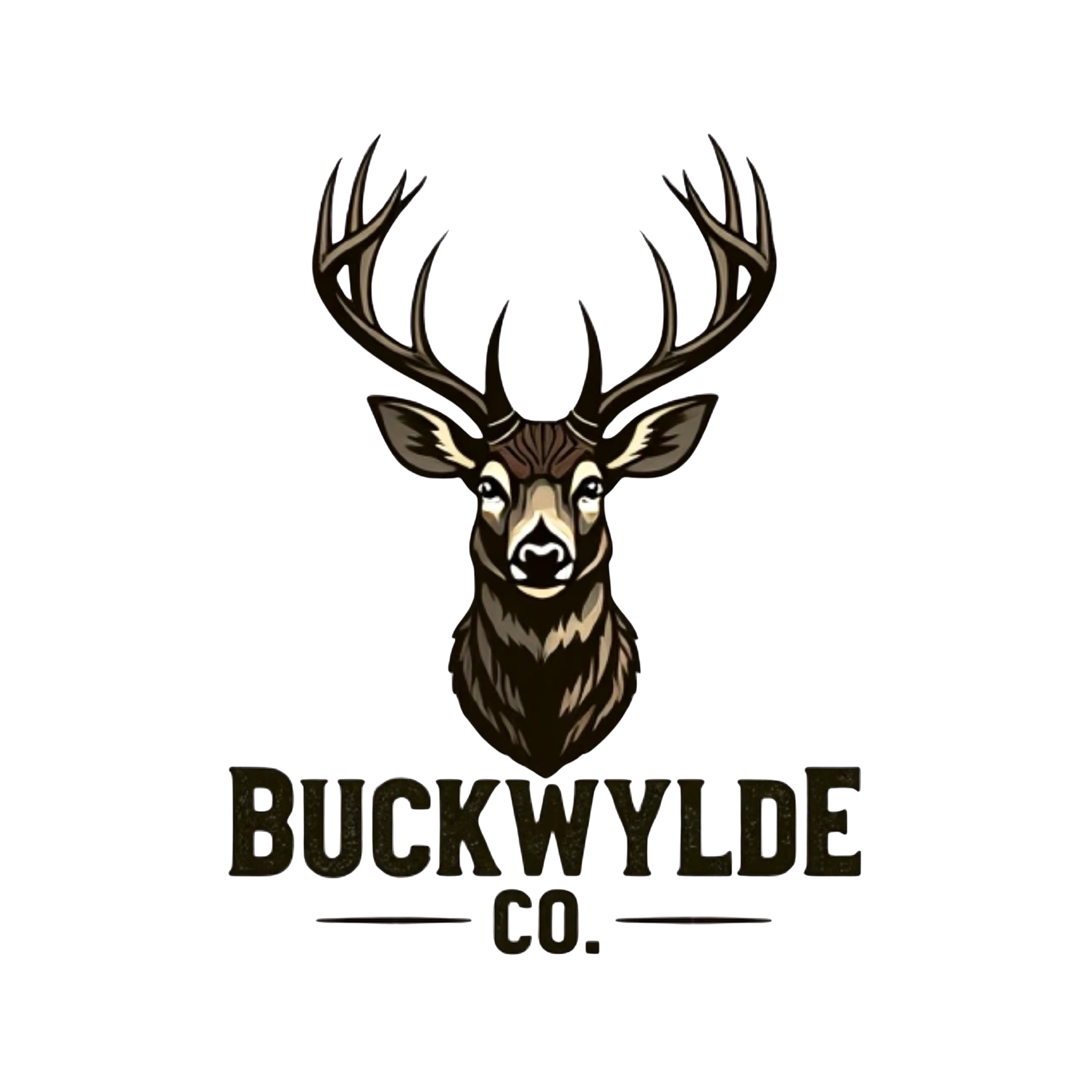 vector style buck deer head design, bold text "Buckwylde Co." in hunting camo color, remove background