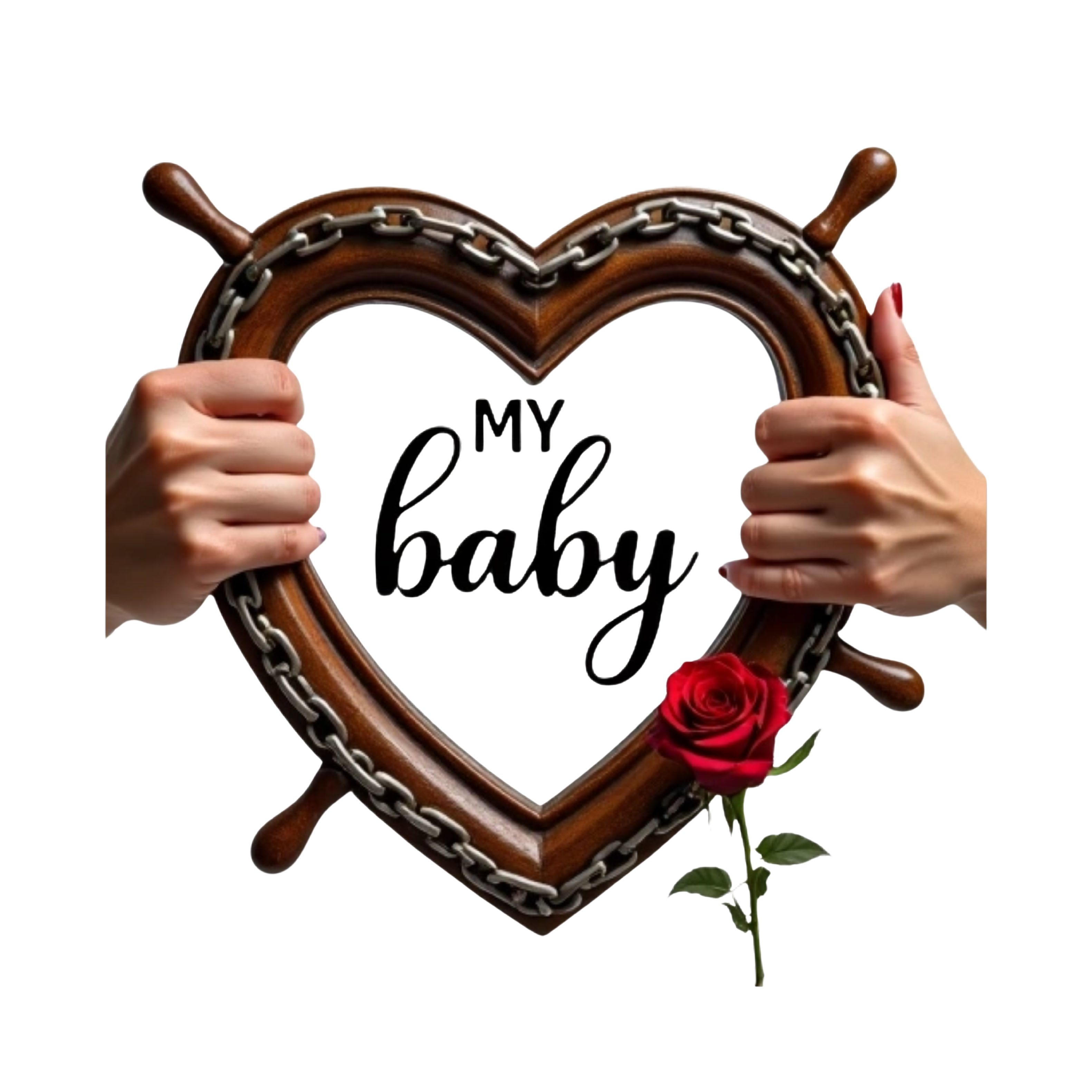 Cruise with my baby script and chain heart shape stirring wheel with a hands with nails and a rose