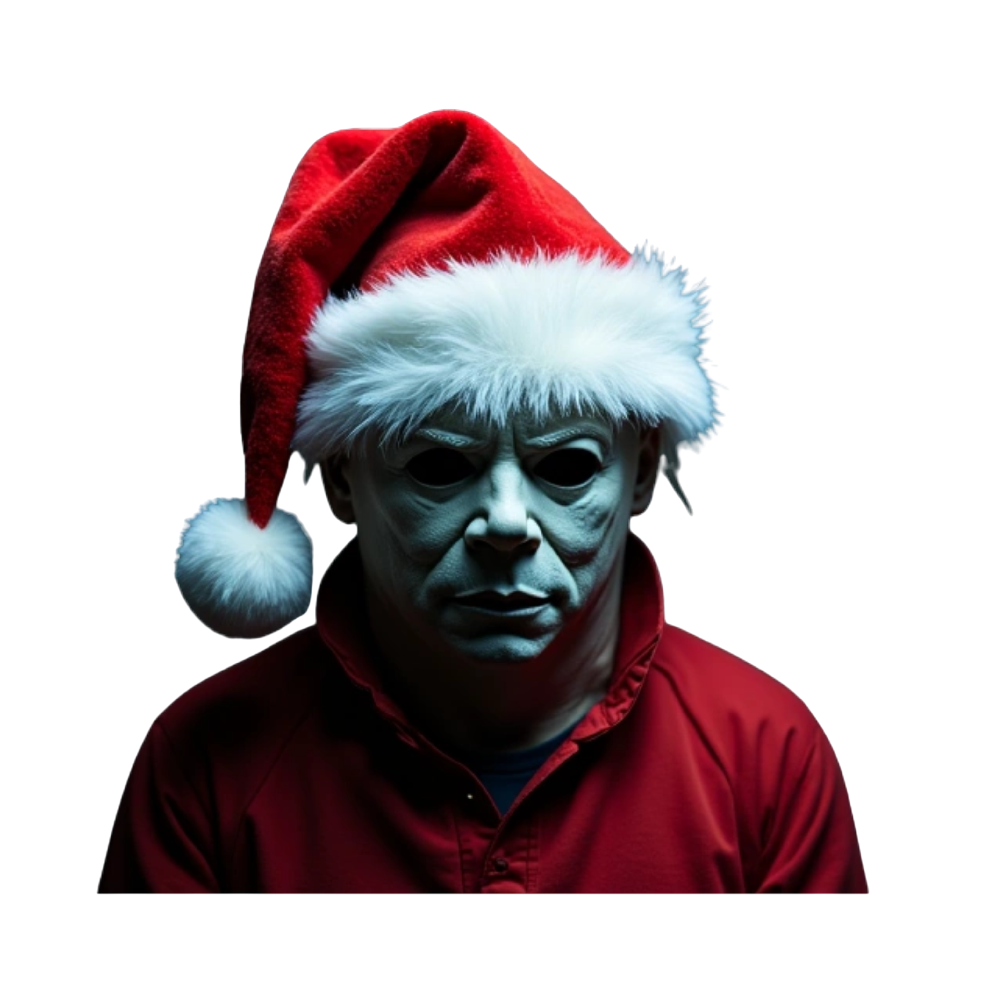 creepy christmas font text, "he sees you when you're sleeping he knows when you're awake"
michael myers wearing santa hat in center