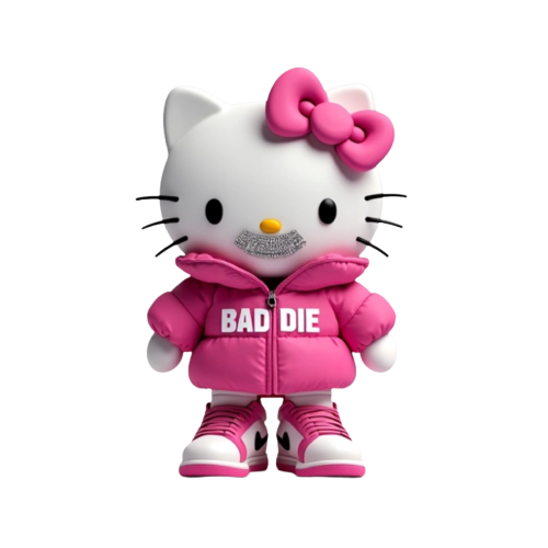 Hello kitty with diamond grills in her mouth smiling and wearing a pink puffer jacket that says “BADDIE” on the chest with pink and white Jordan ones on her feet