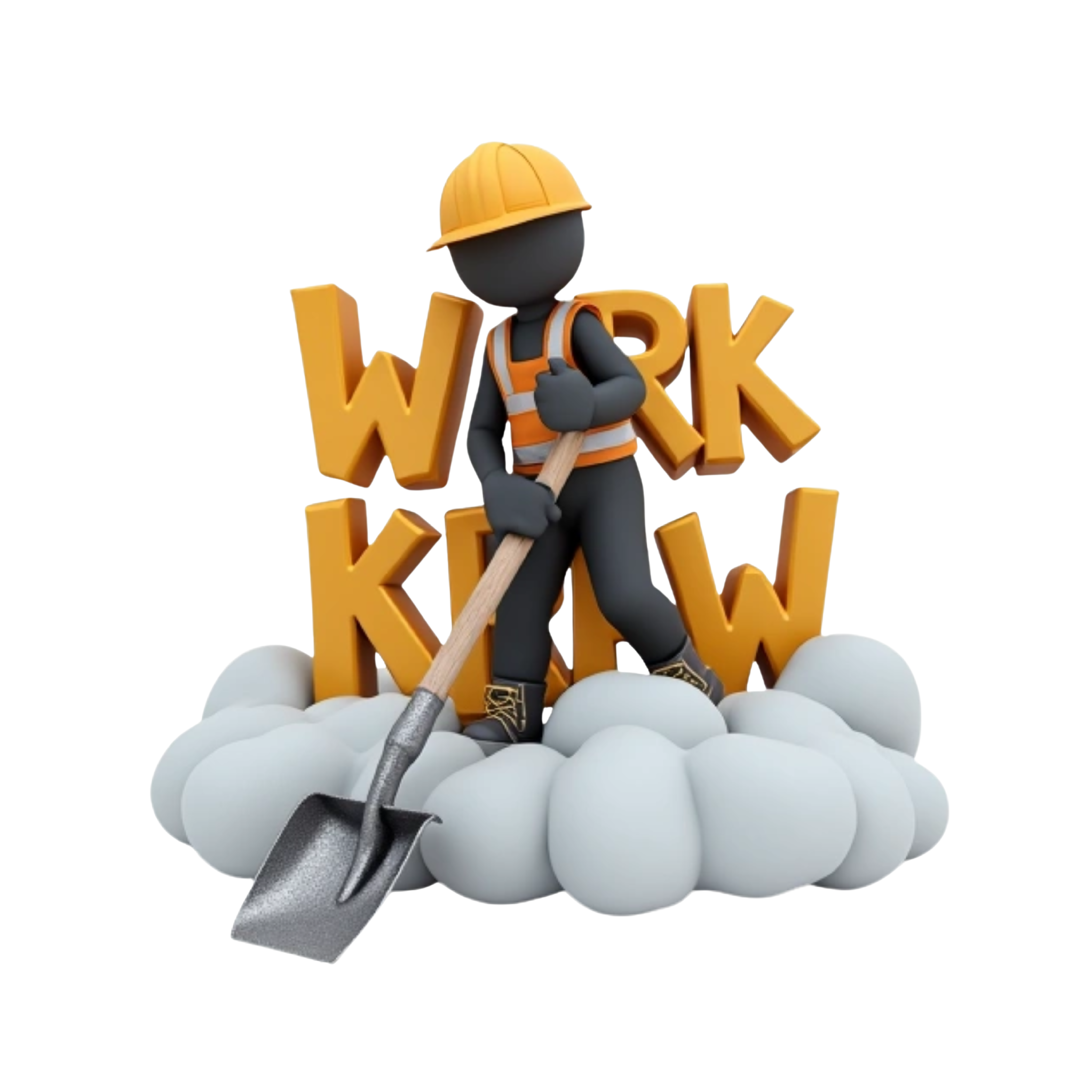 Helper realistic 3D black stick man in construction gear and timberland construction boots shoveling a cloud in the sky on top of a cloud ,on top  3D old English font text saying WERK KREW