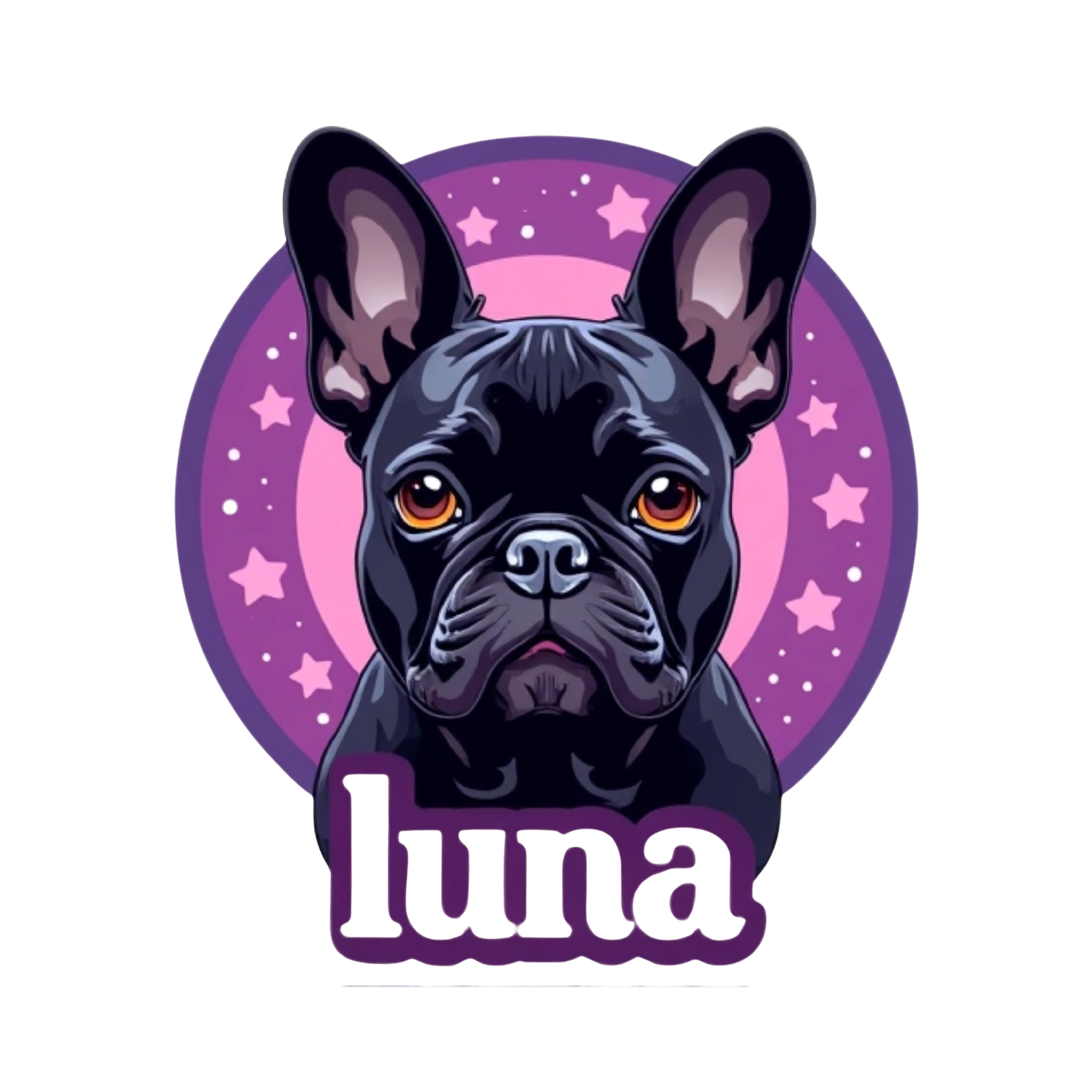 french bulldog with the text "luna" under in a purple gradient and pink stars in the background make it for a tshirt design