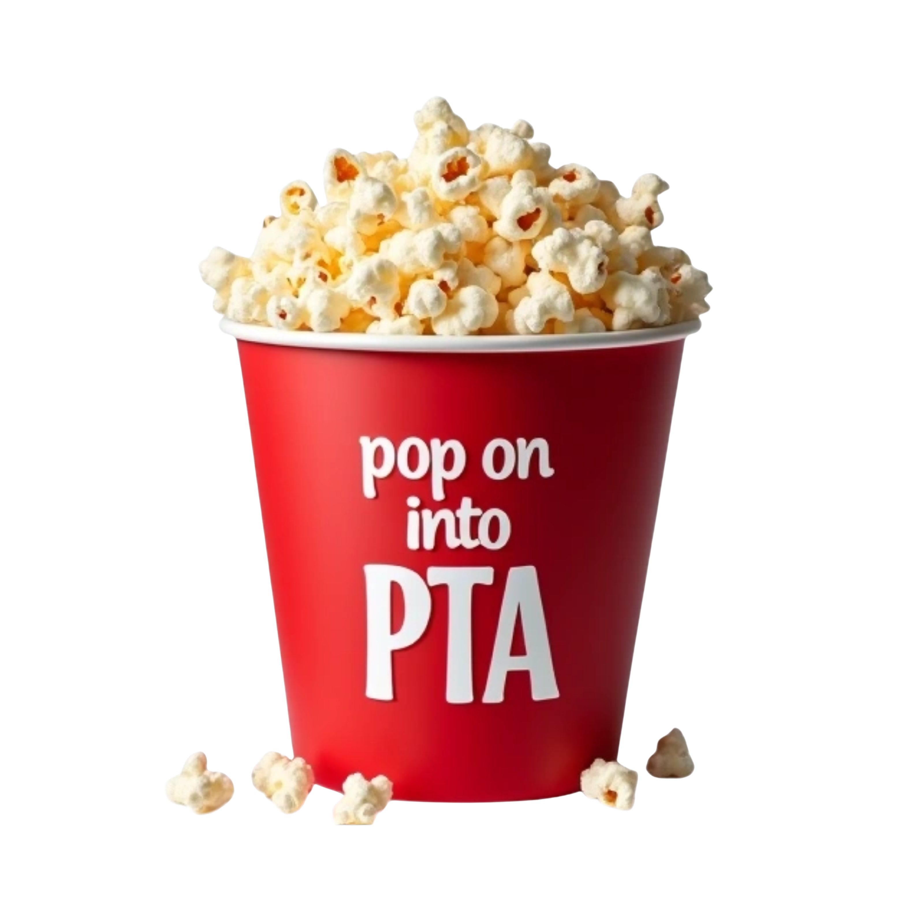 Popcorn bucket with the words in white "pop on into PTA" on it