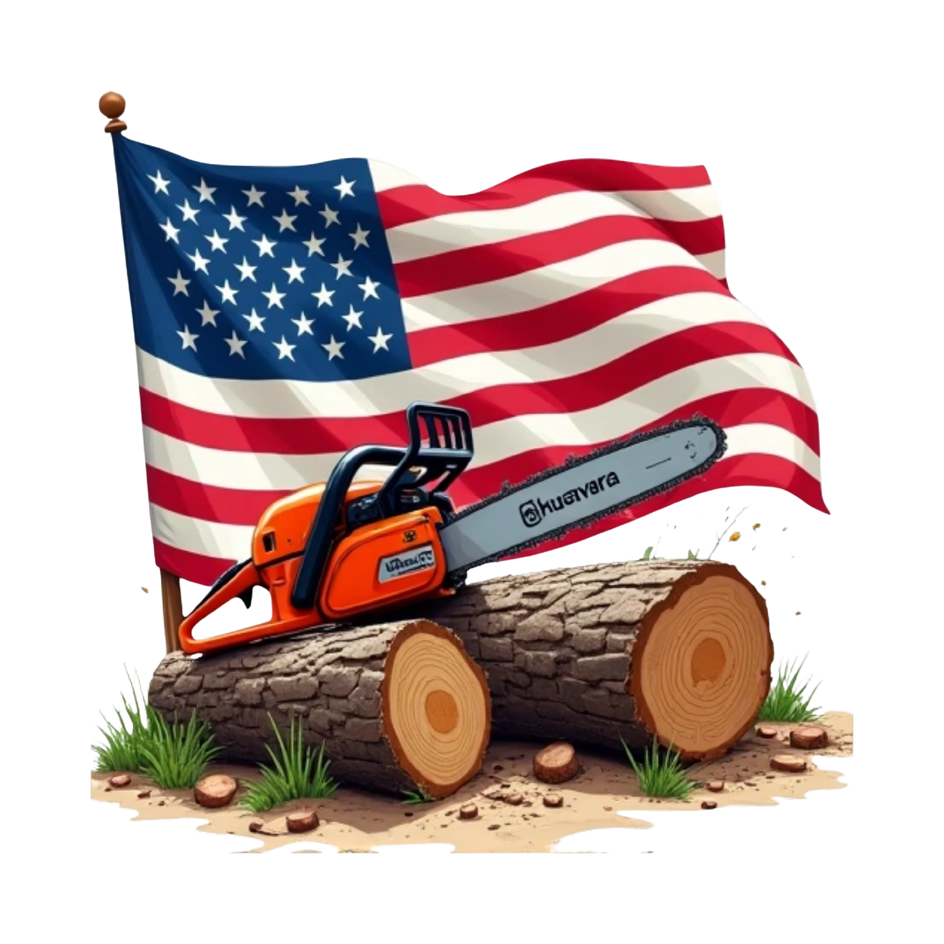 Husqvarna chainsaw tree cutting logs American flag