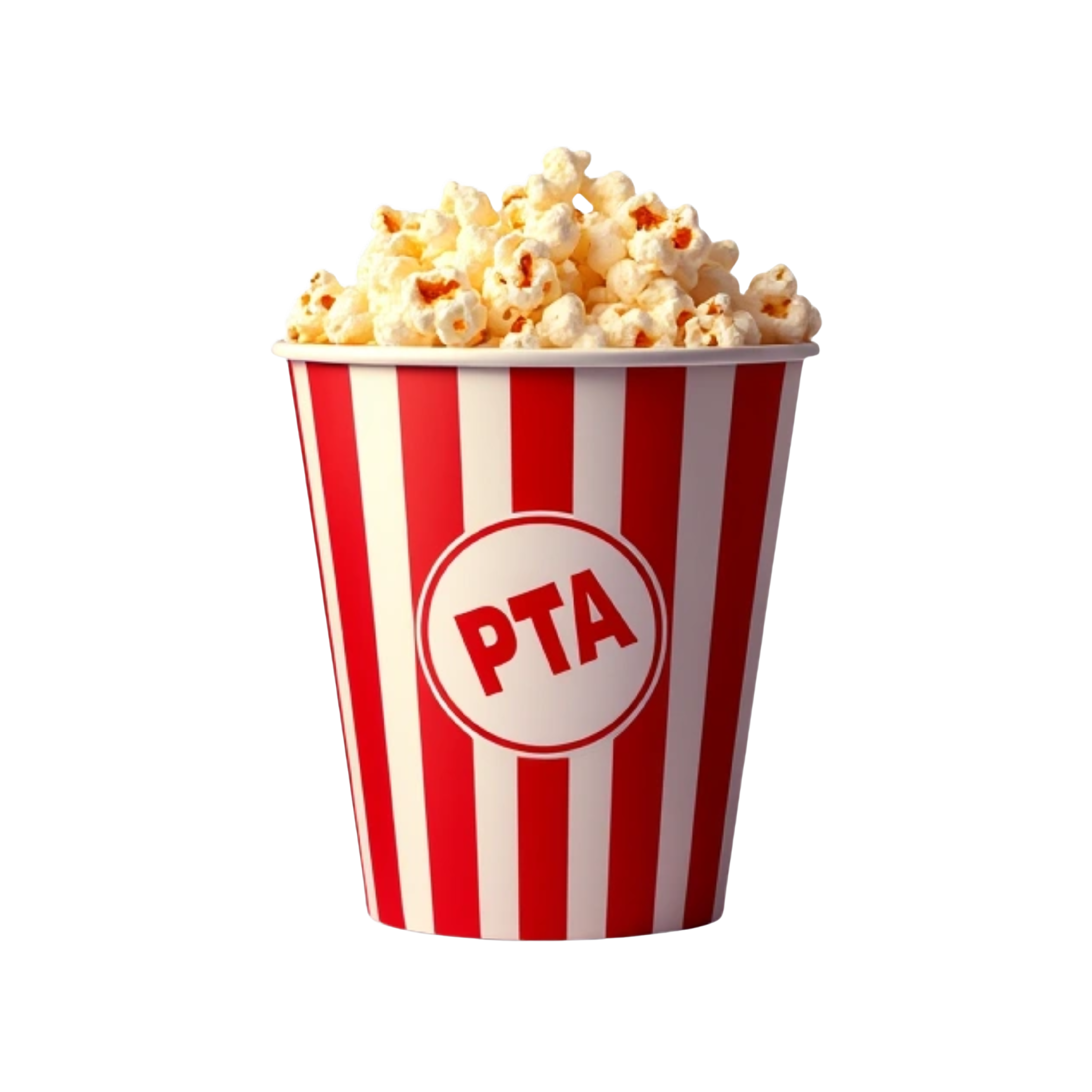 Striped Popcorn bucket with the words in white "pop on into PTA" on it