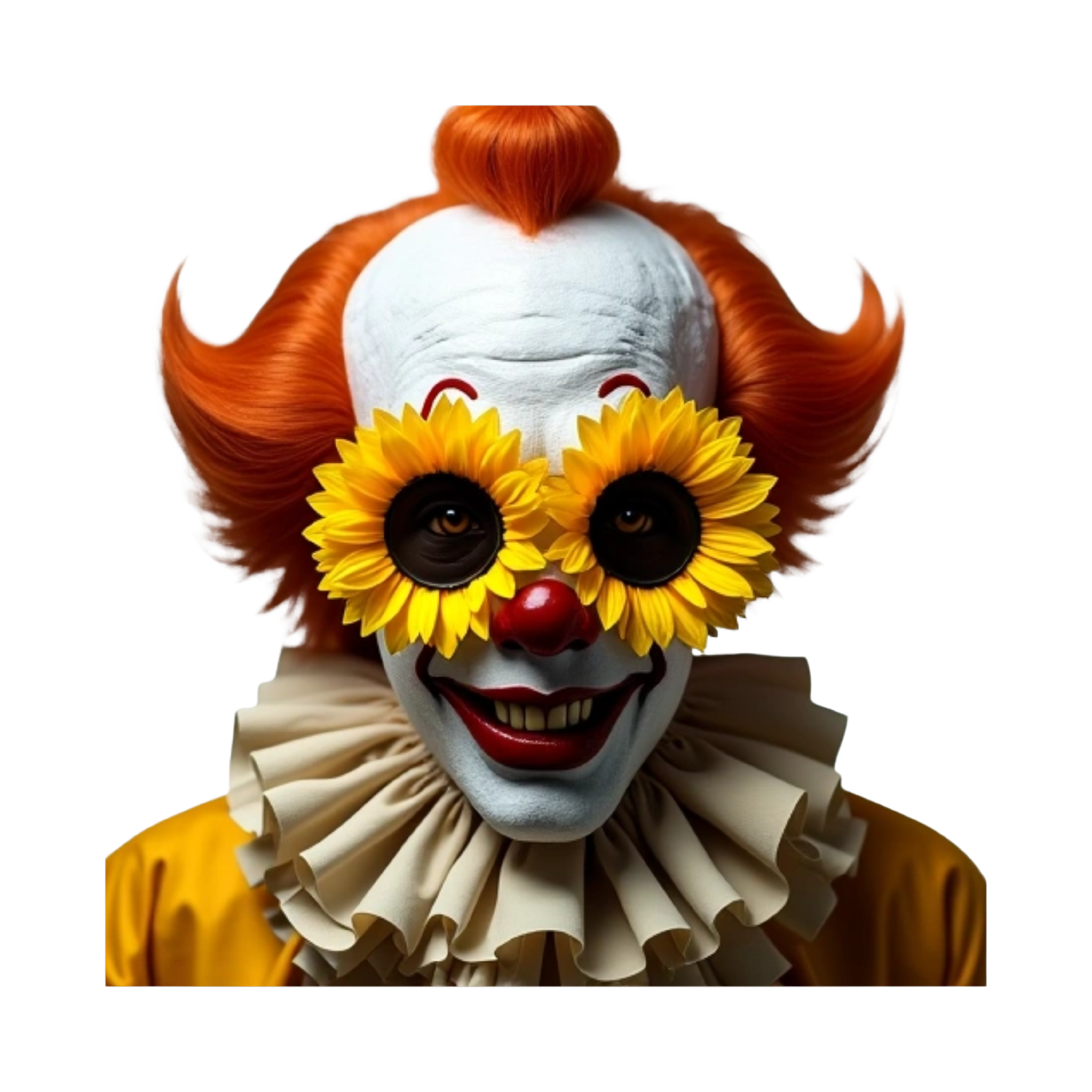 The terrifier evil clown with yellow sunflower glasses