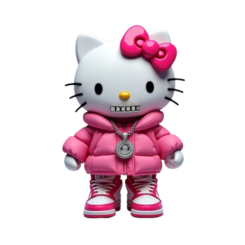 Hello kitty with diamond grills in her mouth smiling and wearing a pink puffer jacket and diamond chain with pendant that says “BADDIE” on the chest with pink and white Jordan ones on her feet