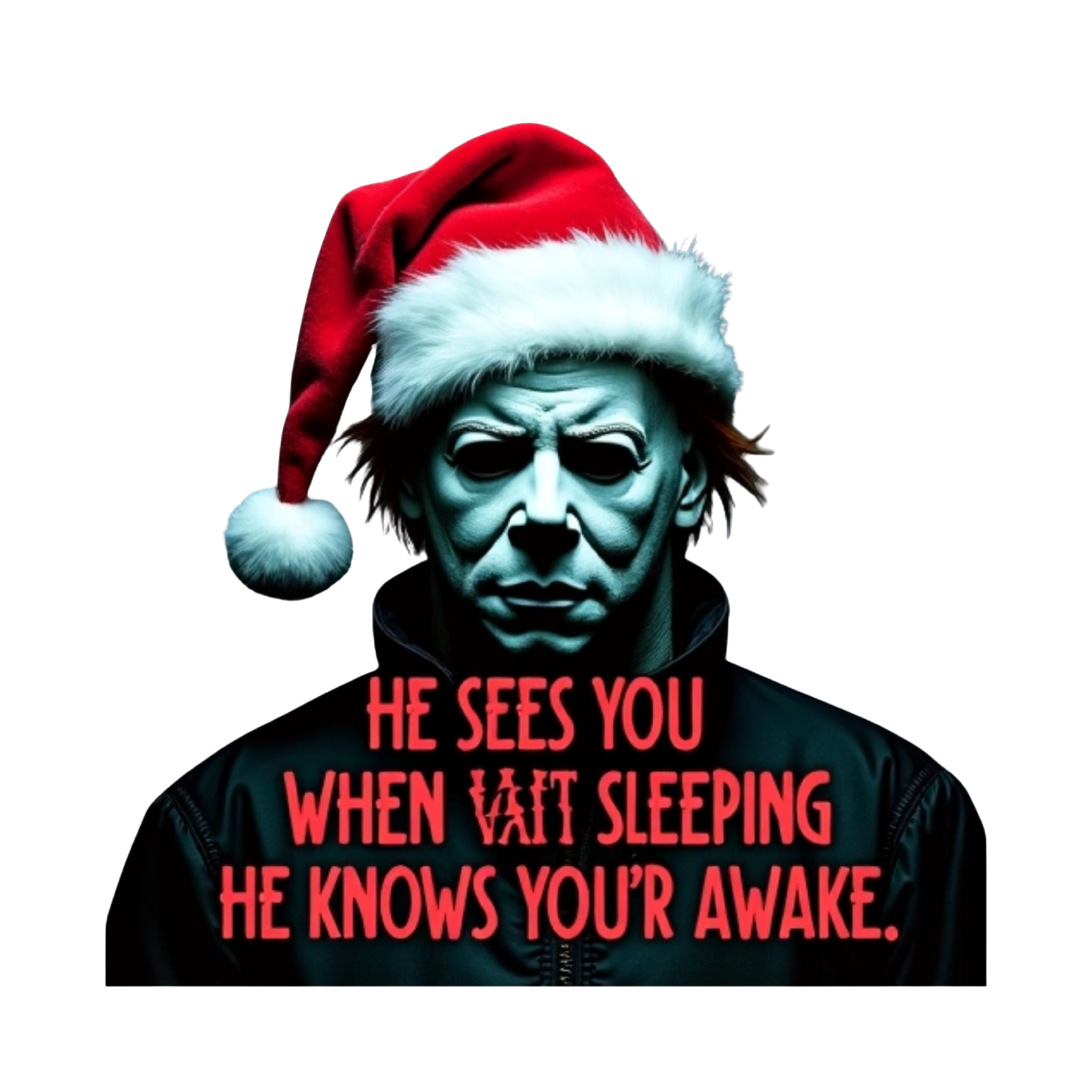 creepy christmas font text, "he sees you when you're sleeping he knows when you're awake"
michael myers wearing santa hat in center