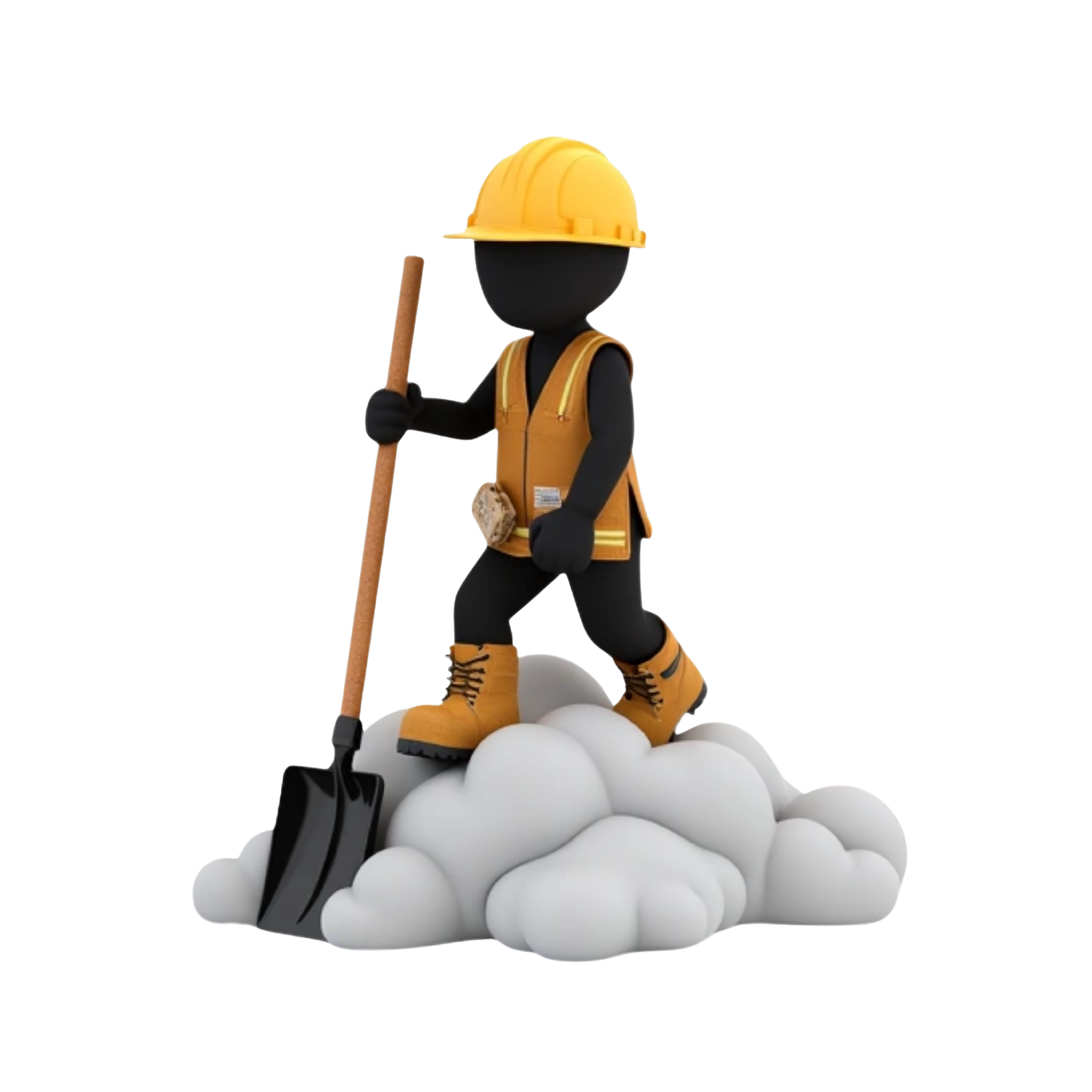 Helper realistic 3D black stick man in construction gear and timberland construction boots shoveling a cloud in the sky on top of a cloud ,on top  3D old English font text saying WERK KREW