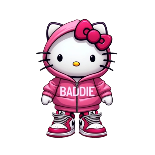 hello kitty with pink and white jordan ones with diamond grills and supreme hoodie with bold text saying "BADDIE" in pink on top
