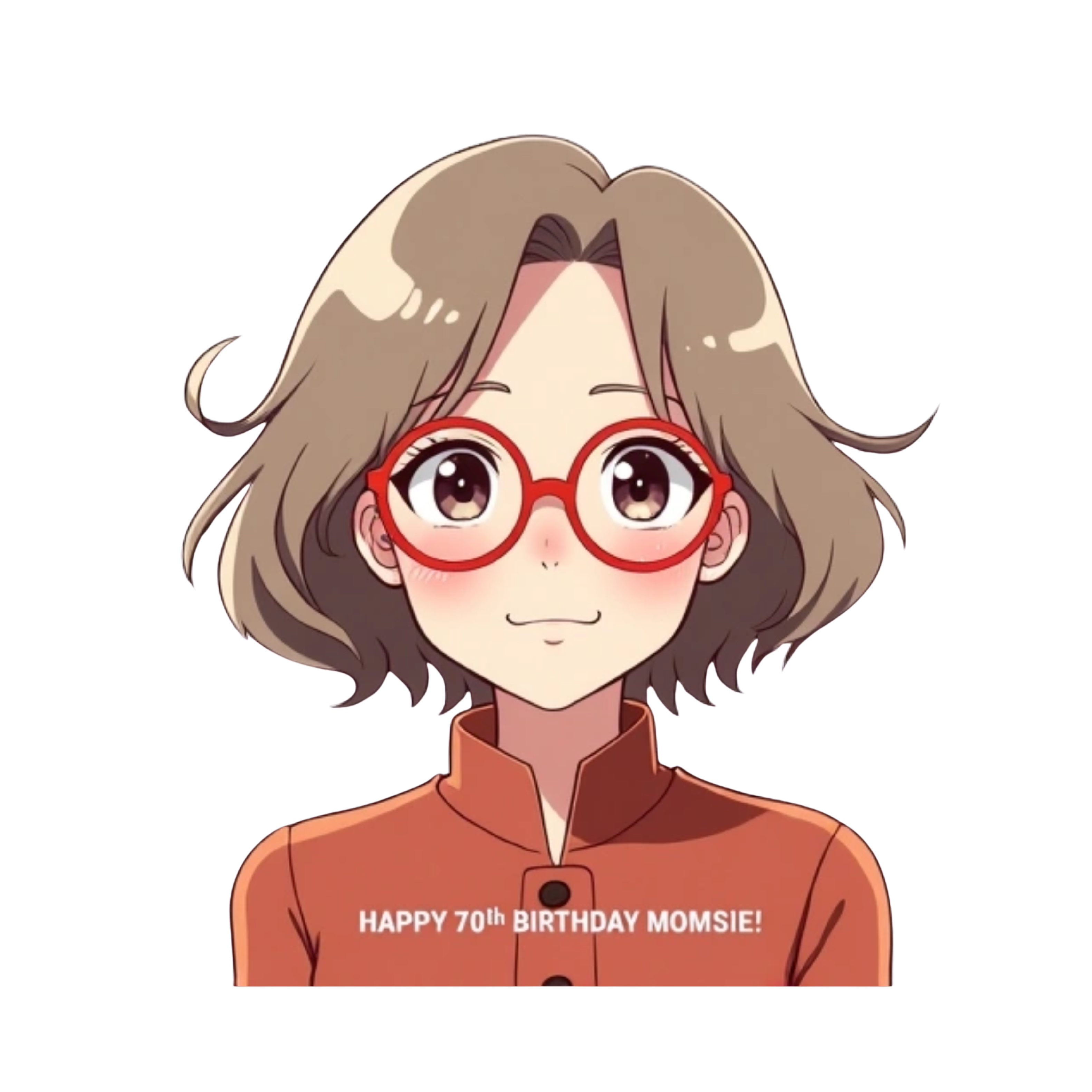 Anime style older Asian woman with light brown hair and red glasses with words saying “HAPPY 70th BIRTHDAY MOMSIE!”