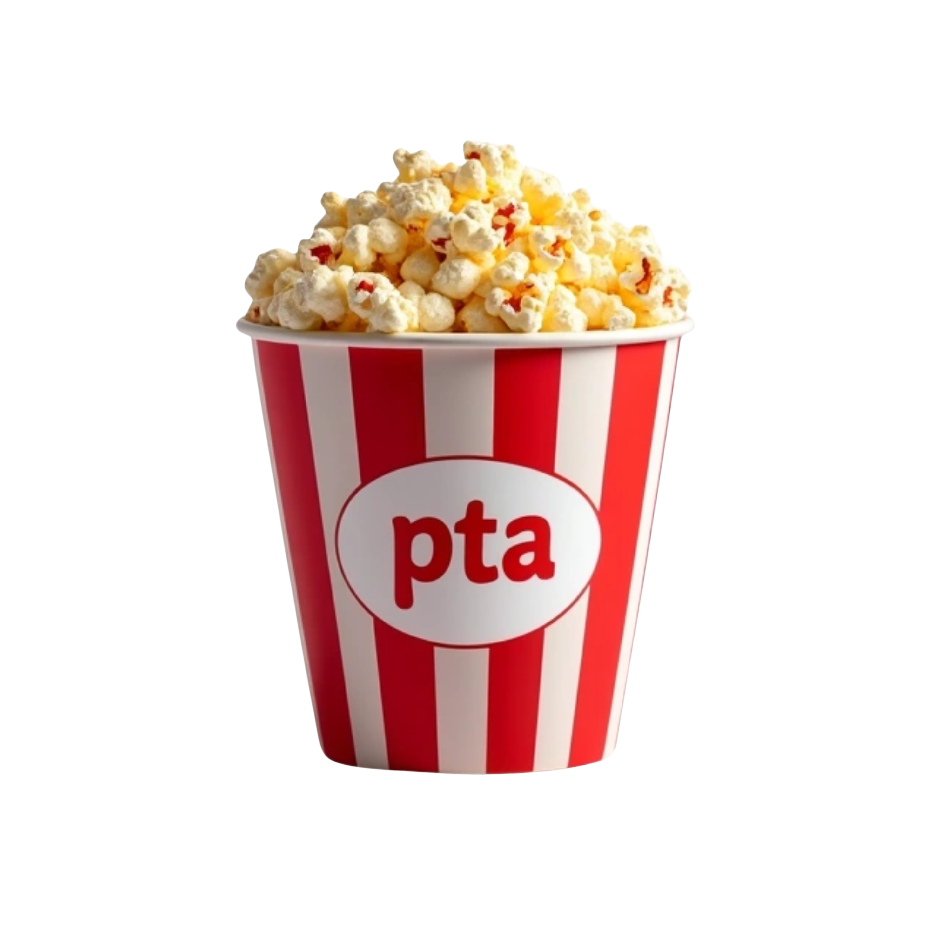 Popcorn bucket with the words pop on into pta