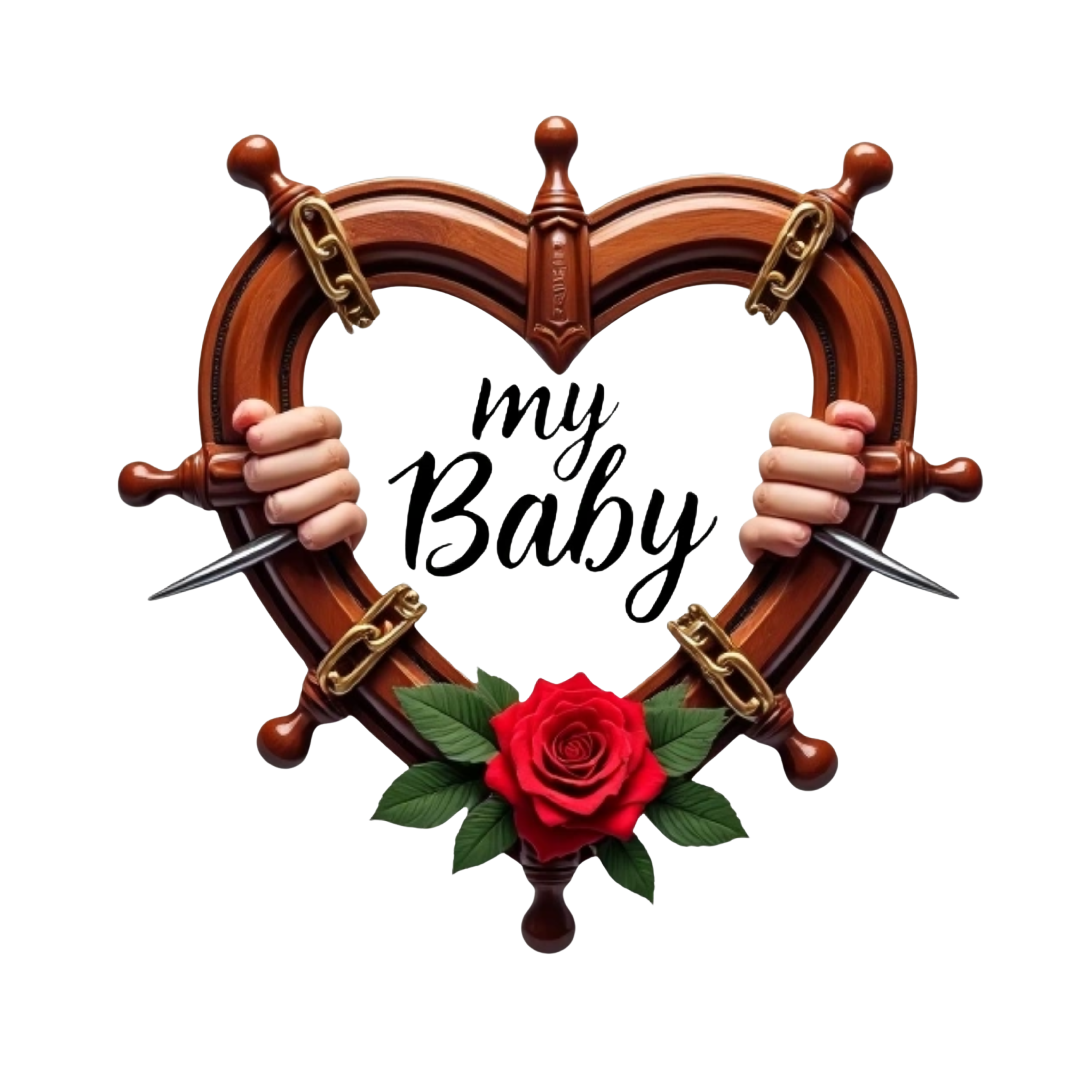 Cruise with my baby script and chain heart shape stirring wheel with a hands with nails and a rose