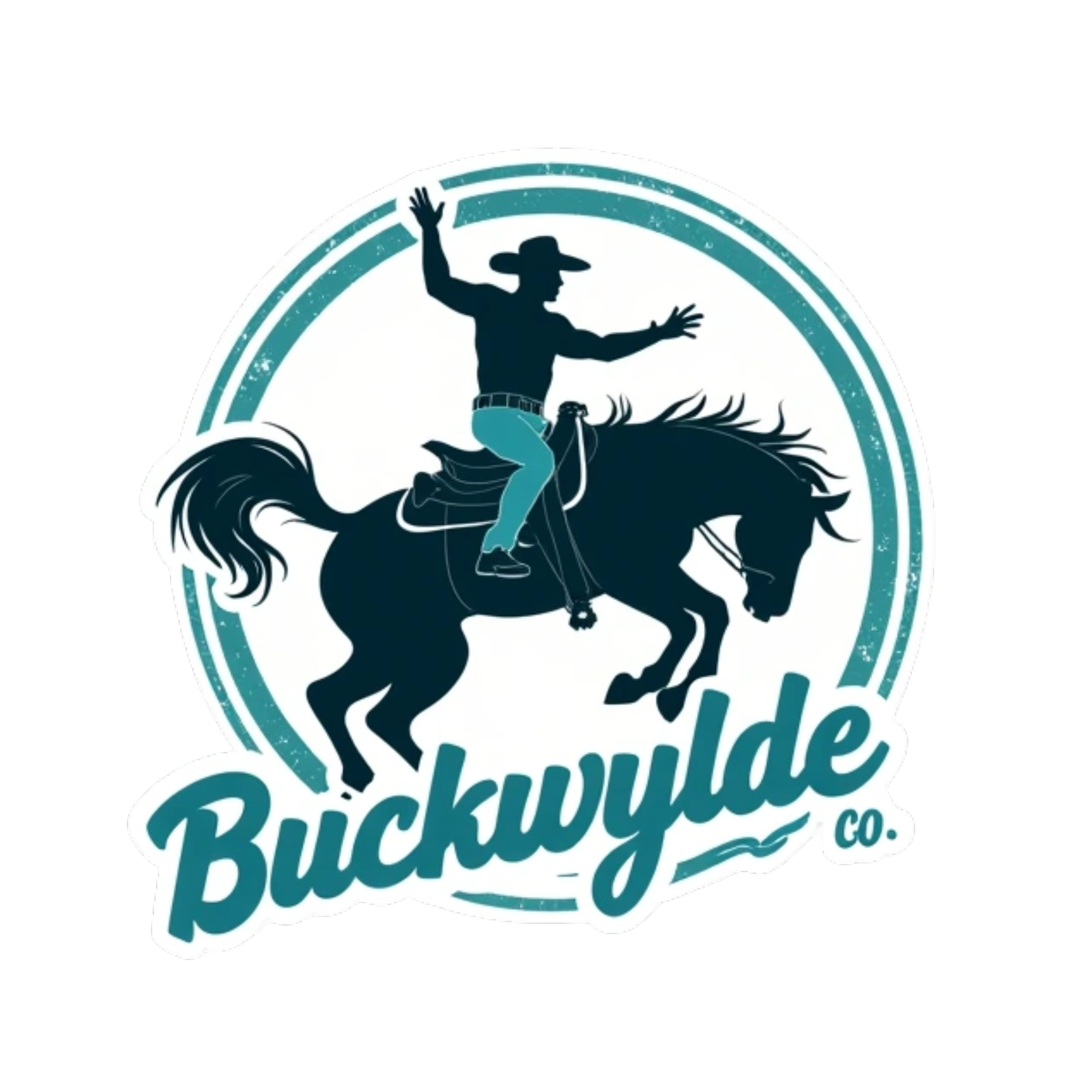 vector style bucking bronc design, bold text "Buckwylde Co." in turquoise, remove background