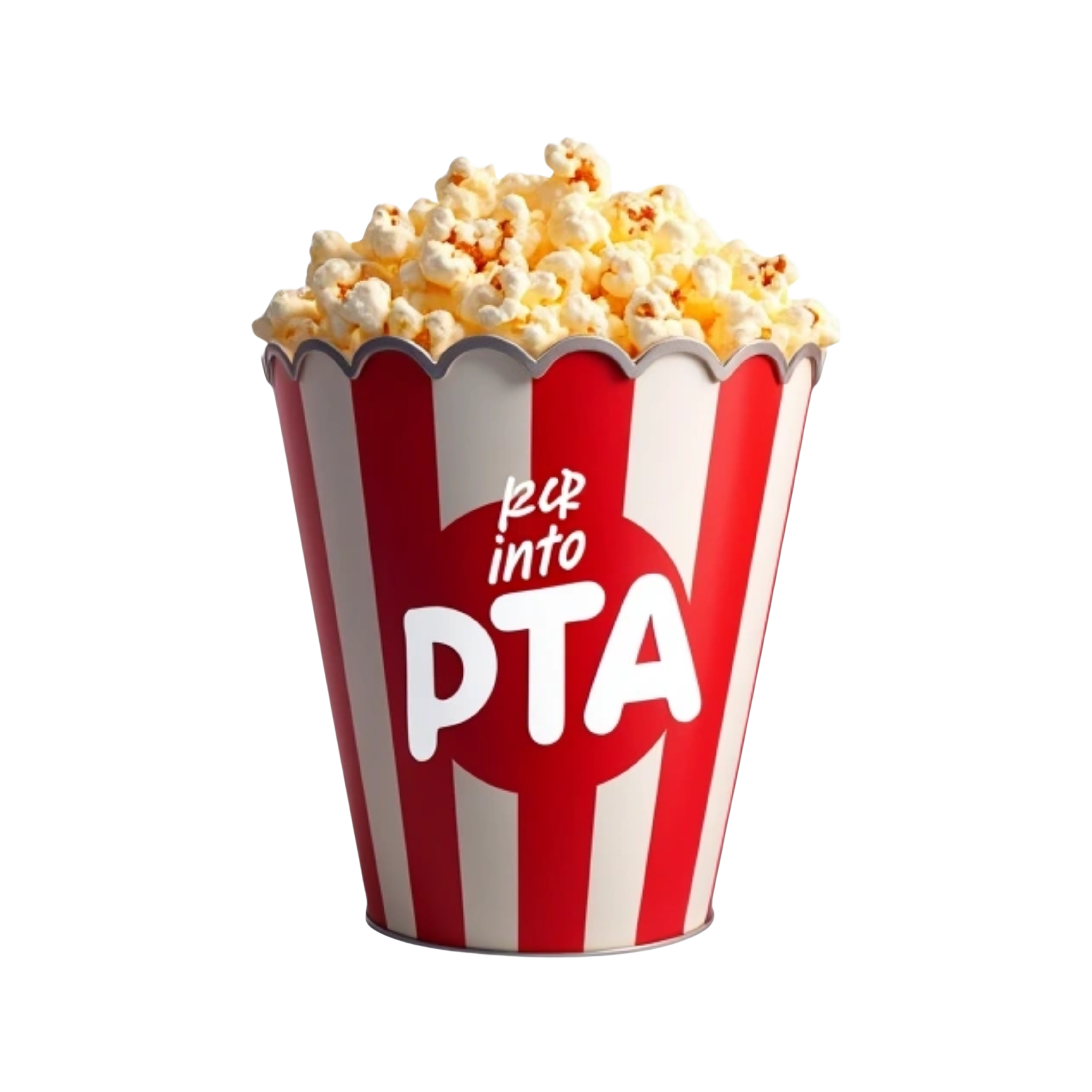 Striped Popcorn bucket with the words in white "pop on into PTA" on it