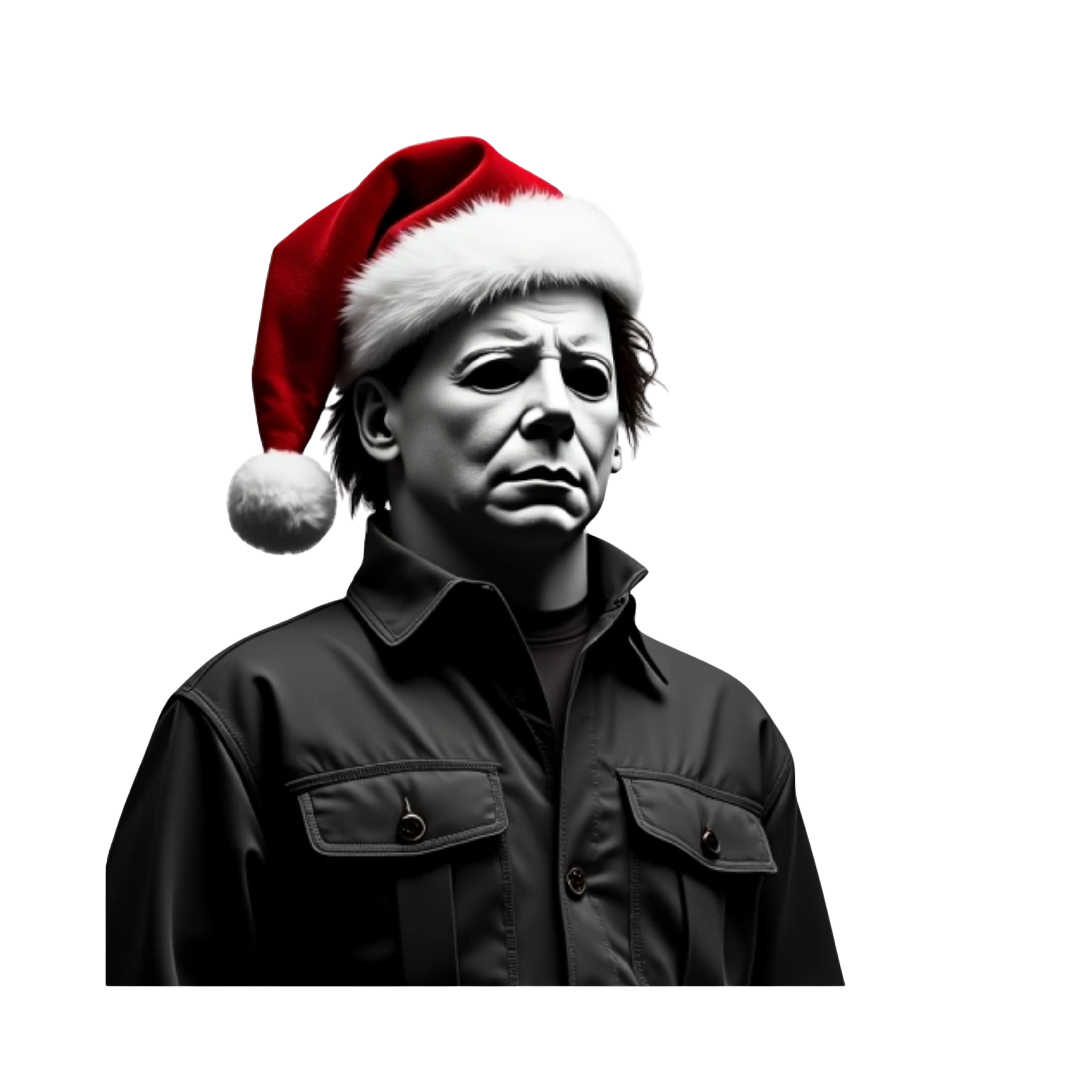 creepy font text, "he sees you when you're sleeping he knows when you're awake"
michael myers wearing santa hat