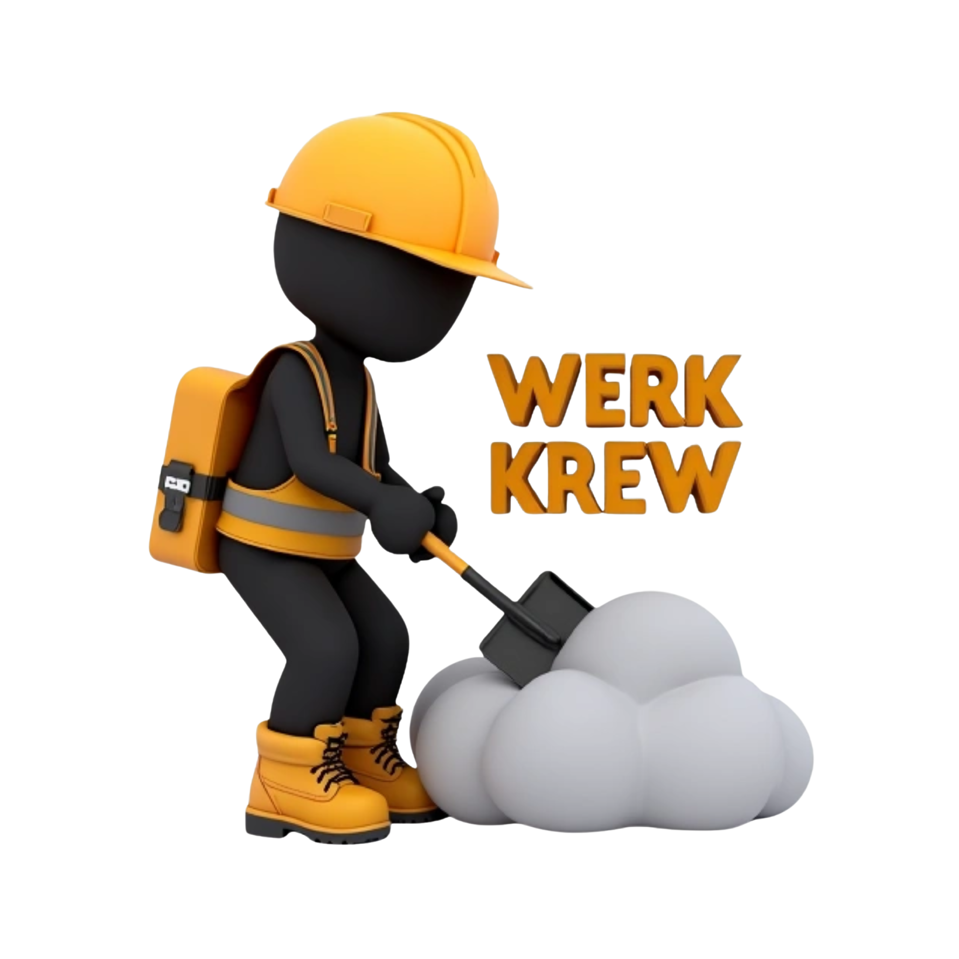 Helper realistic 3D black stick man in construction gear and timberland construction boots shoveling a cloud in the sky on top of a cloud ,on top  3D old English text saying WERK KREW