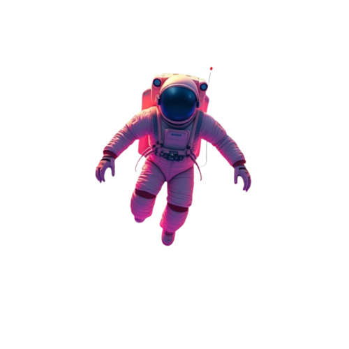 spaceman flying through colorful clouds with the text "unreal custom designs" under it in colorful gradients