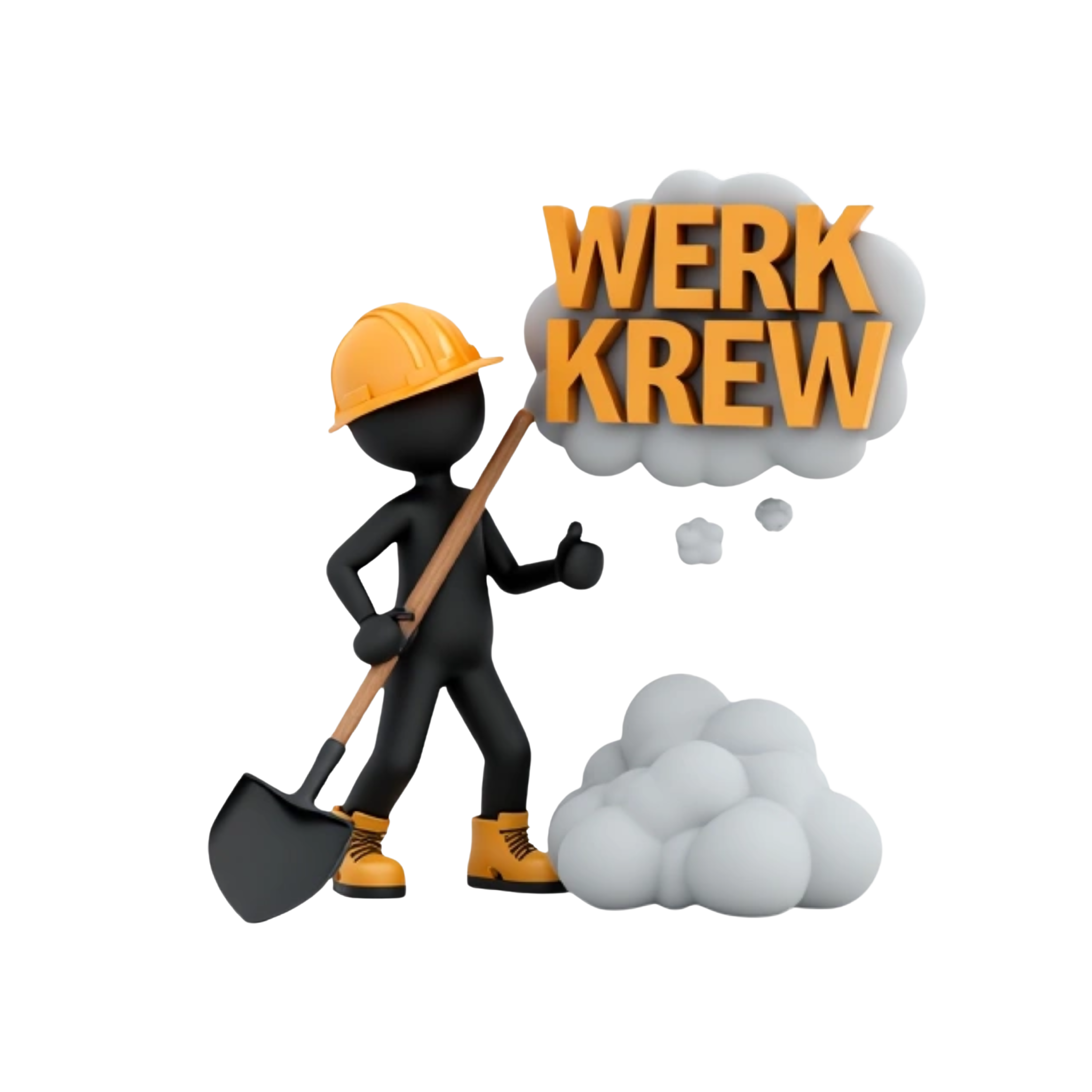 Helper realistic 3D black stick man in construction gear and timberland construction boots shoveling a cloud in the sky on top of a cloud ,on top  3D old English text saying WERK KREW