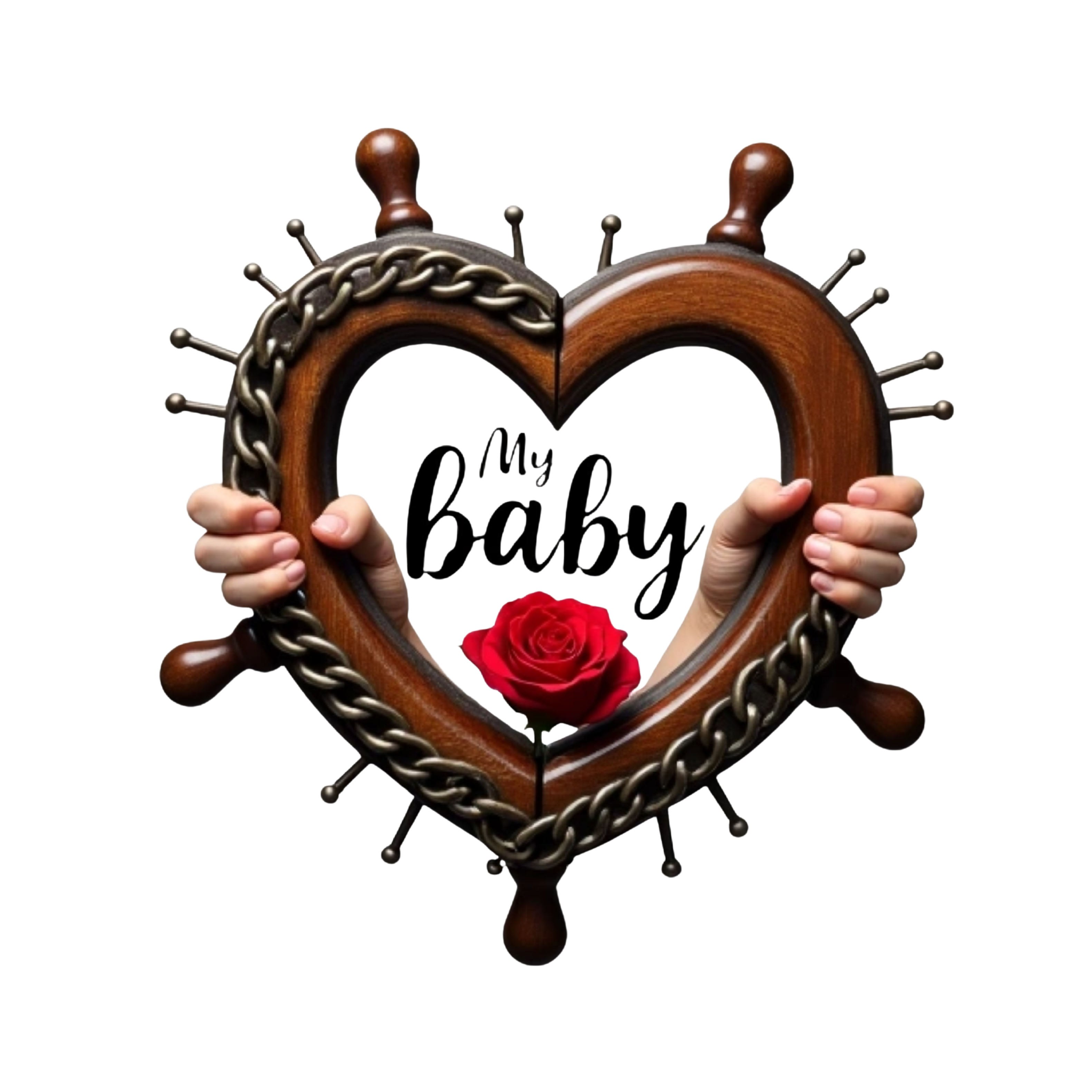 Cruise with my baby script and chain heart shape stirring wheel with a hands with nails and a rose