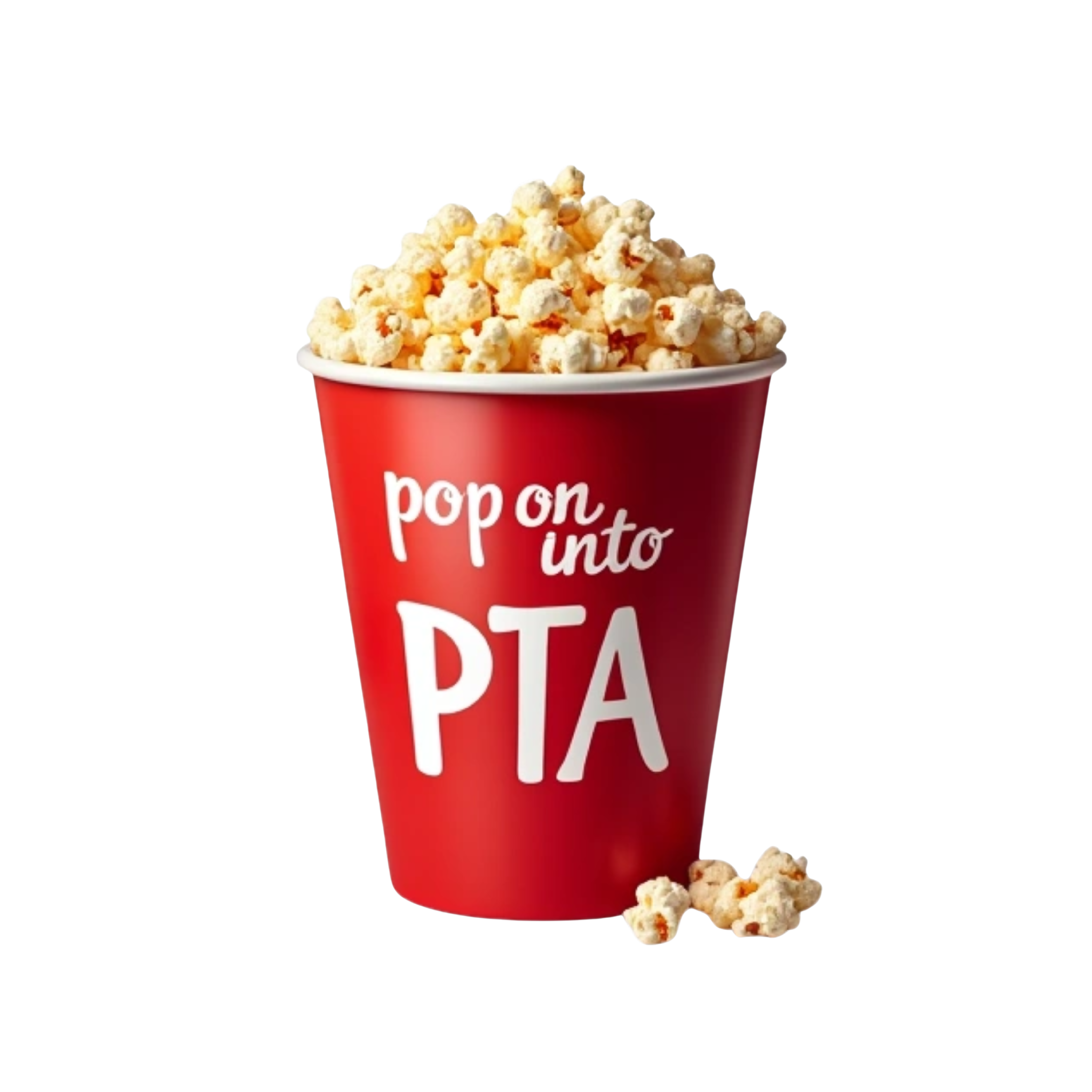 Popcorn bucket with the words "pop on into PTA" on it