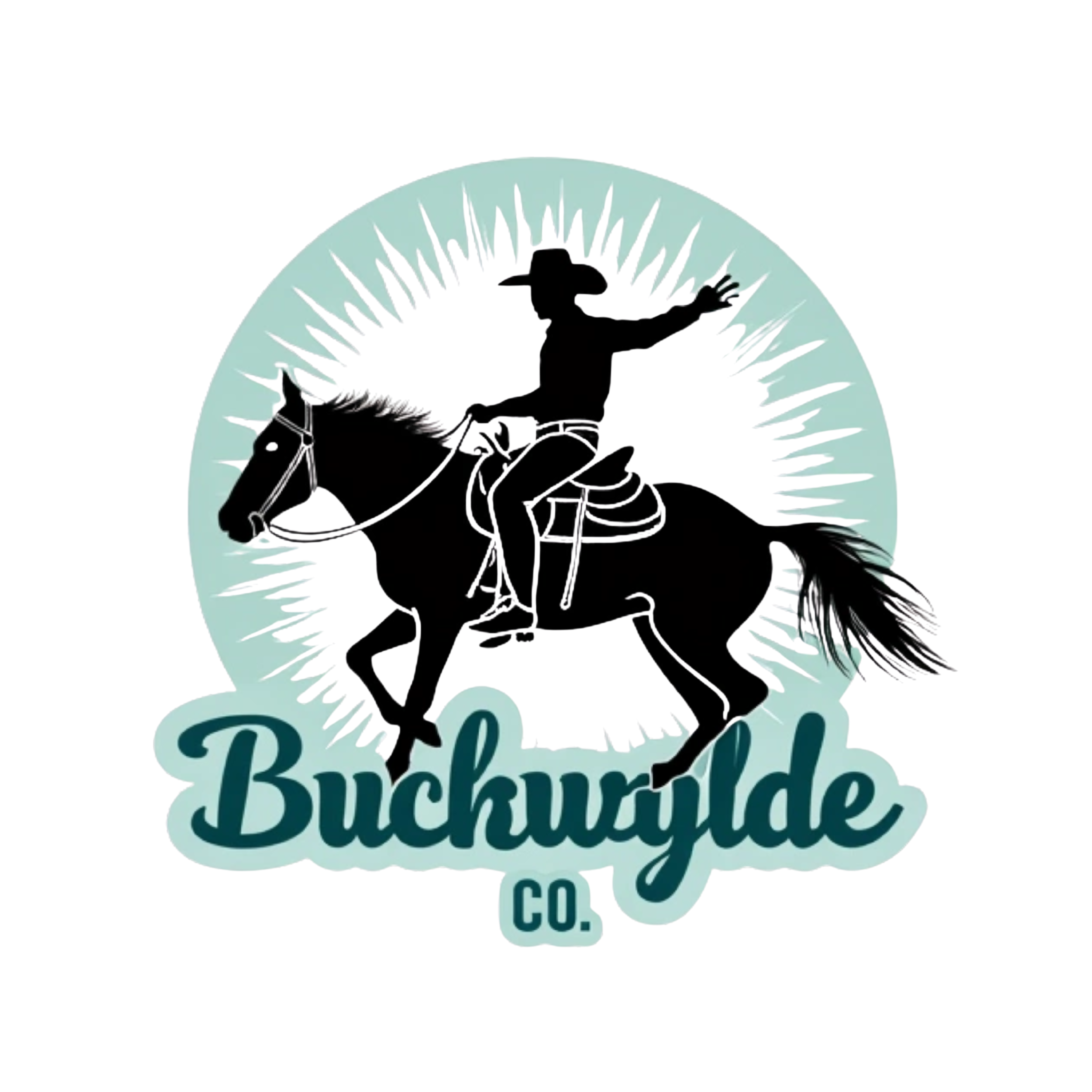 vector style bucking bronc design, bold text "Buckwylde Co." in turquoise, remove background
