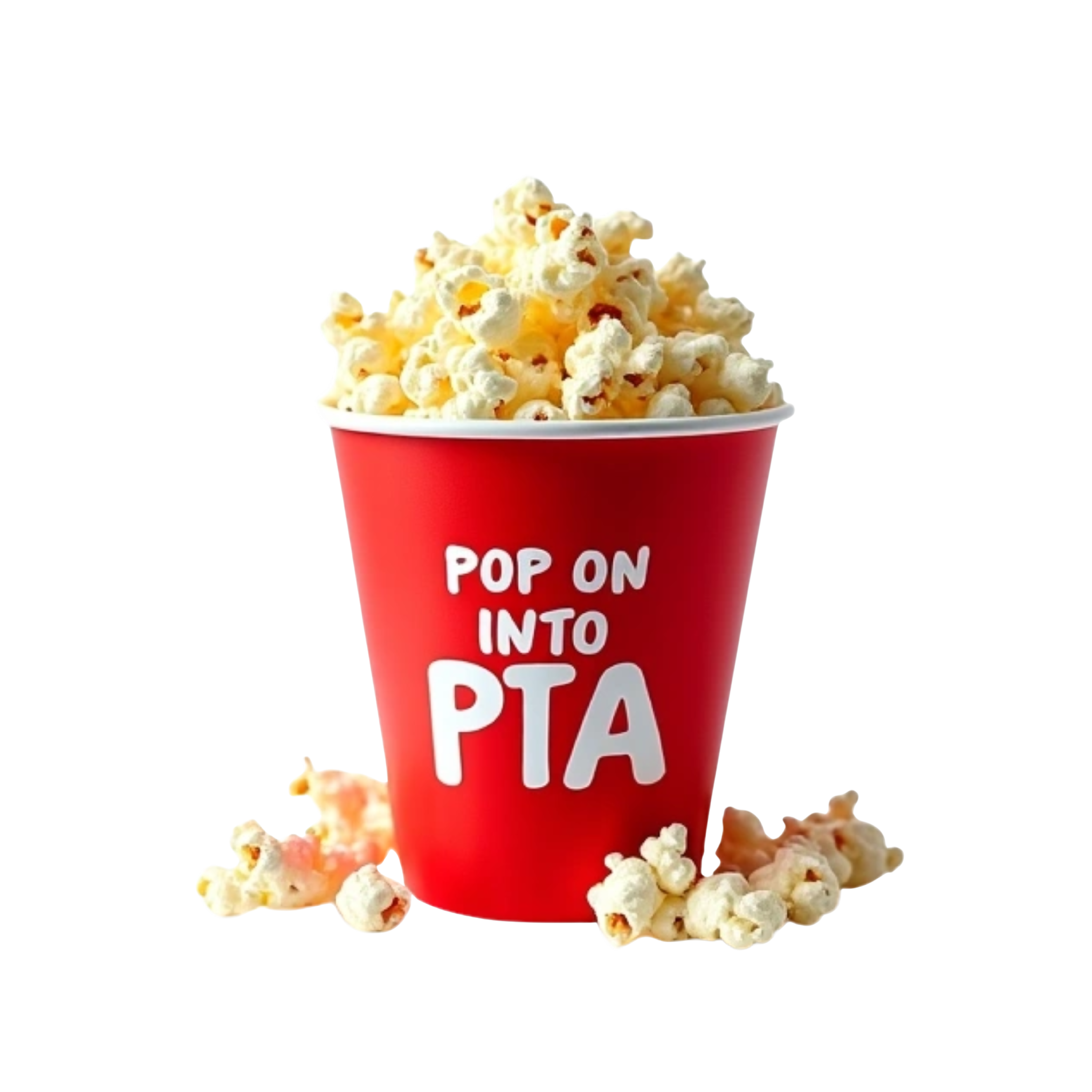 Popcorn bucket with words Pop on into PTA