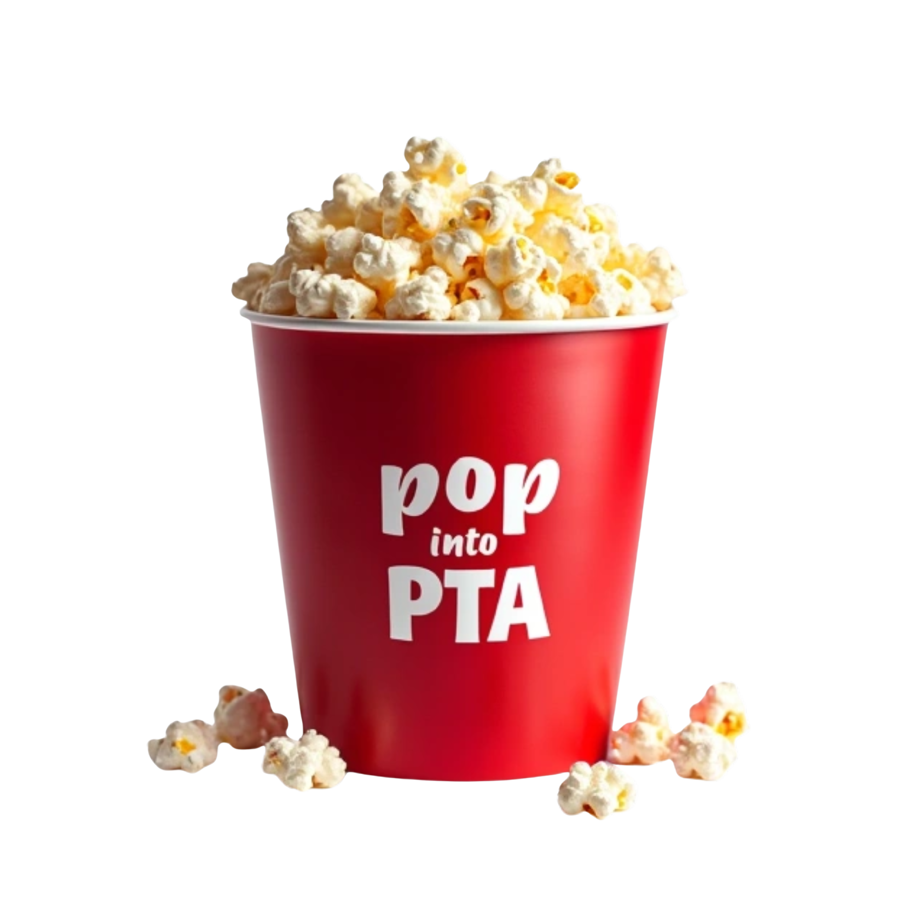 Popcorn bucket with the words "pop on into PTA" on it