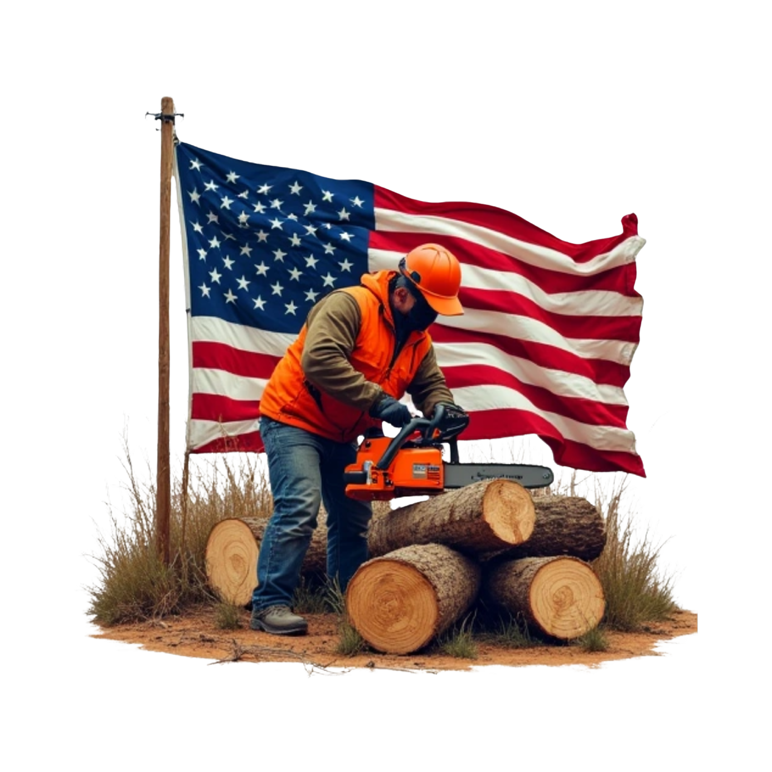 Husqvarna chainsaw tree cutting logs American flag