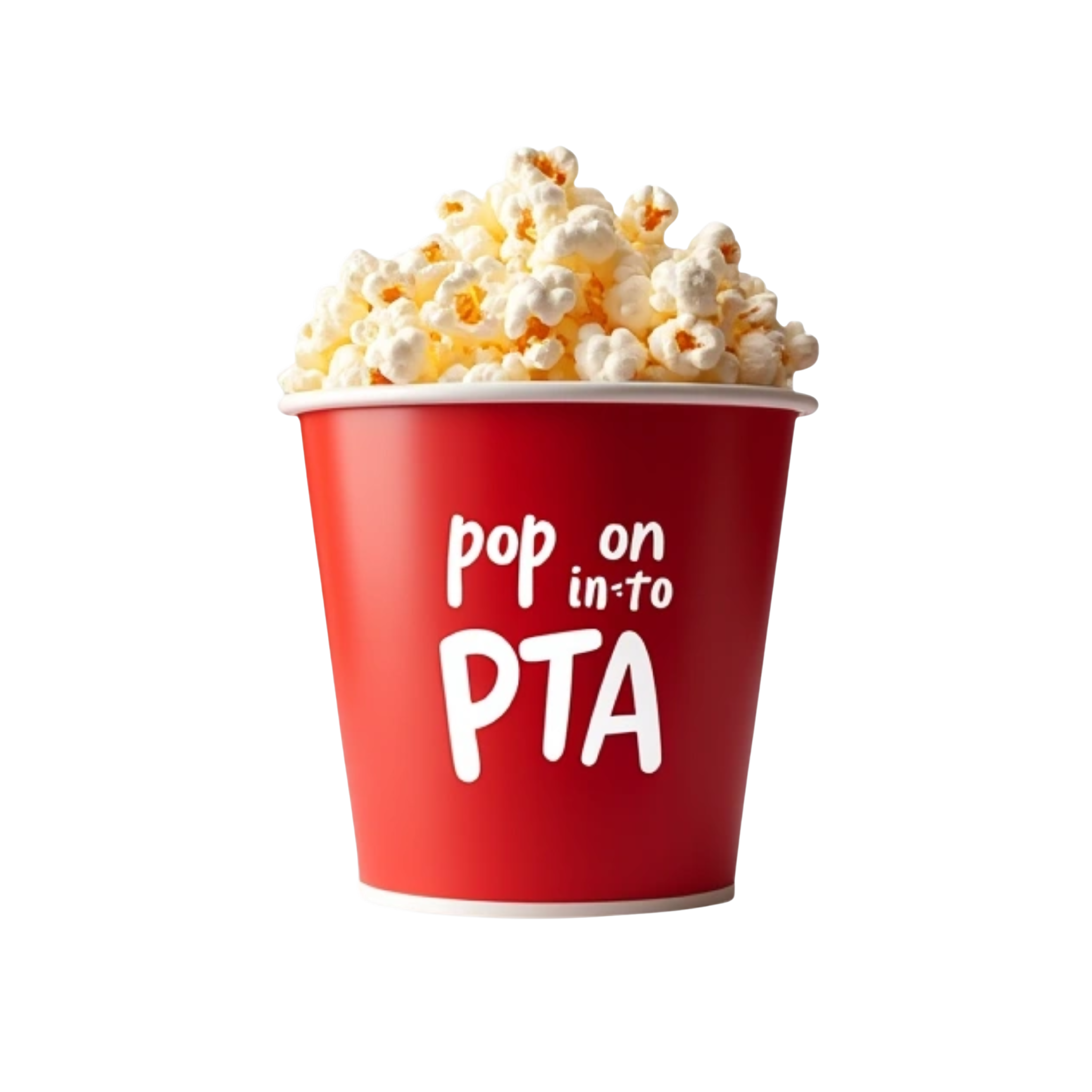 Popcorn bucket with the words in white "pop on into PTA" on it
