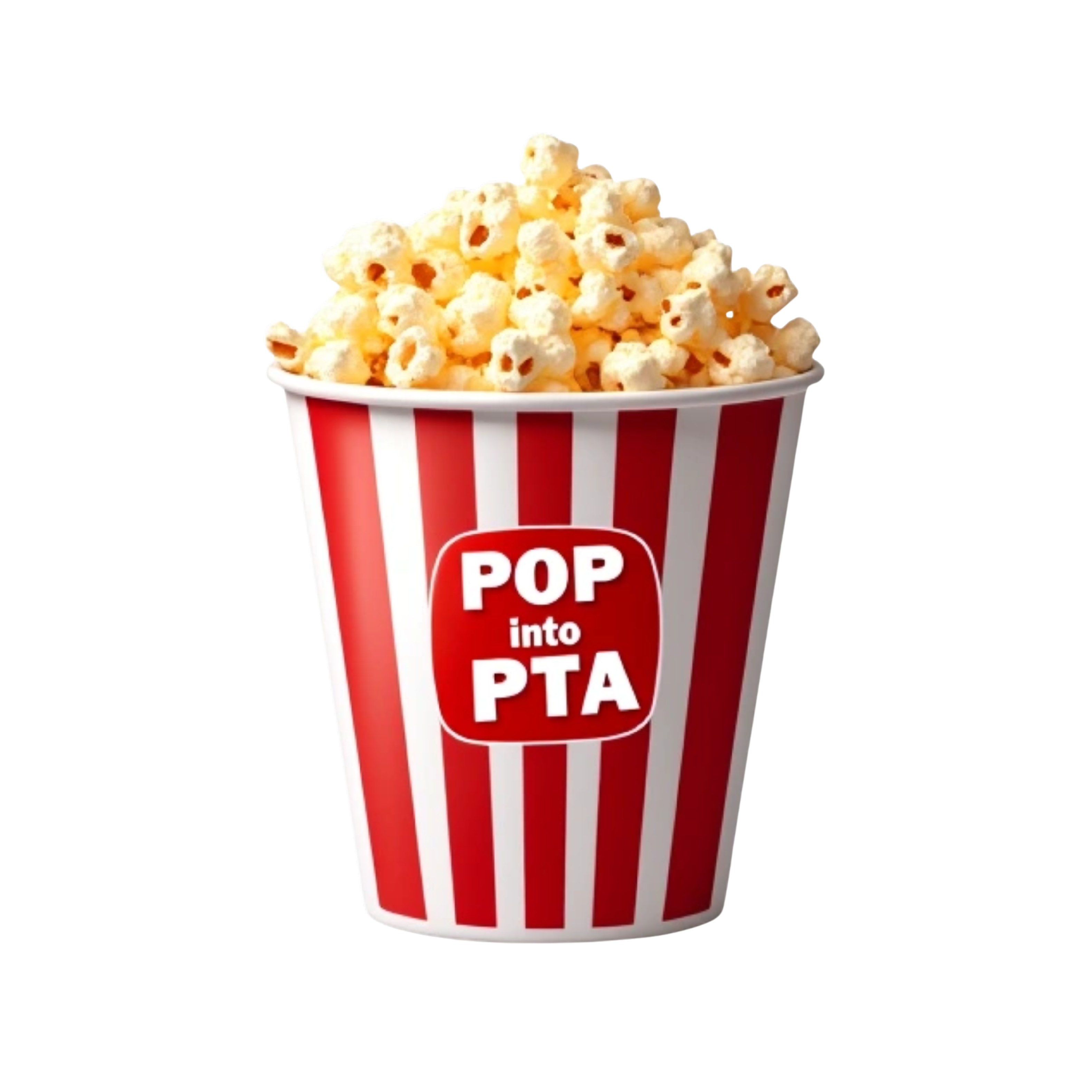 Striped Popcorn bucket with the words in white "Pop on into PTA" on it.
