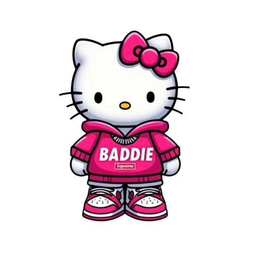 hello kitty with pink and white jordan ones with diamond grills and supreme hoodie with bold text saying "BADDIE" in pink on top
