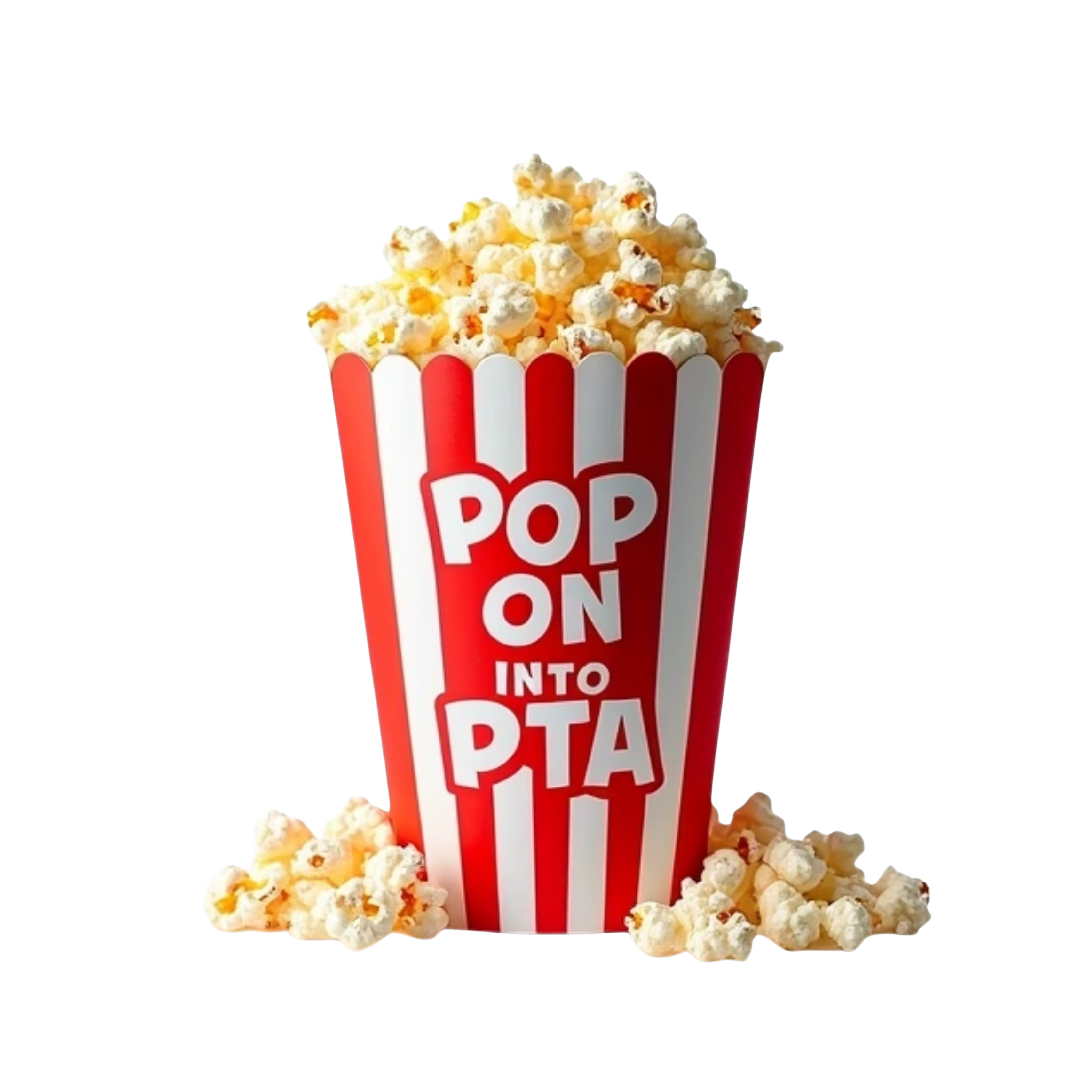 Popcorn bucket with words Pop on into PTA