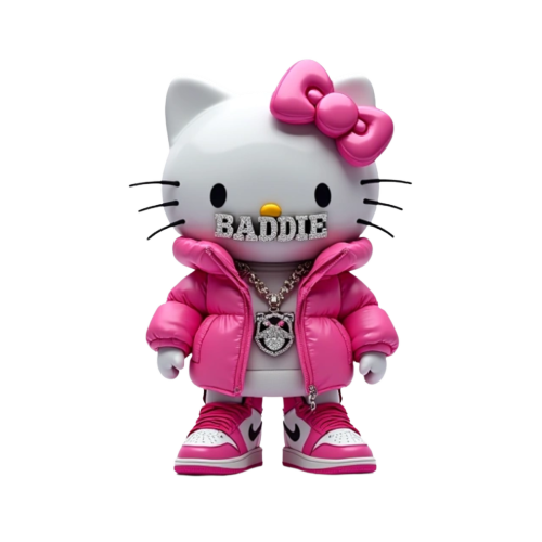 Hello kitty with diamond grills in her mouth wearing a pink puffer jacket and diamond chain with pendant that says “BADDIE” on the chest with pink and white Jordan ones on her feet