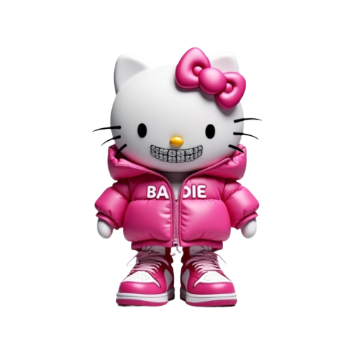 Hello kitty with diamond grills in her mouth smiling and wearing a pink puffer jacket that says “BADDIE” on the chest with pink and white Jordan ones on her feet