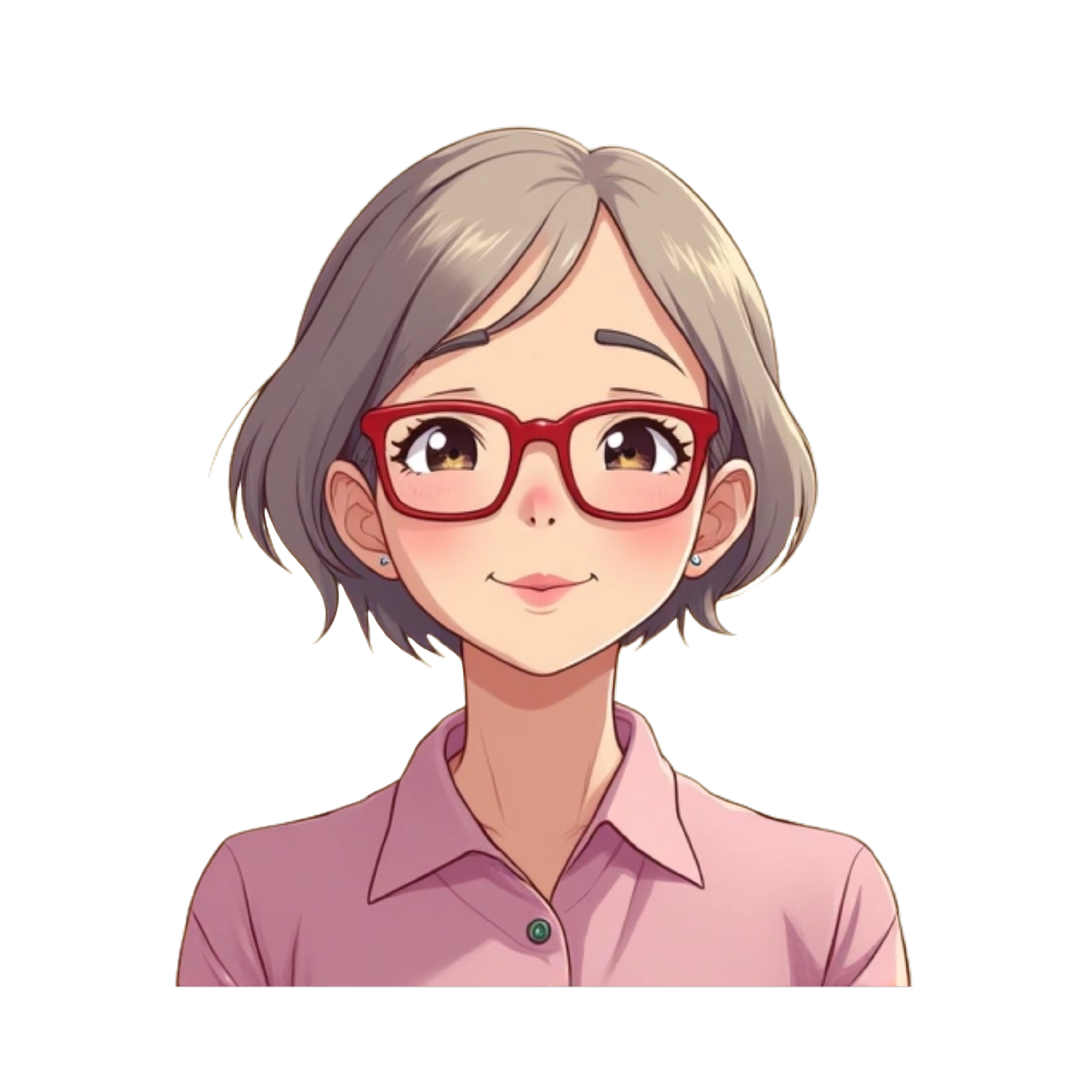 Anime style older Asian woman with light brown hair and red glasses with words saying “HAPPY 70th BIRTHDAY MOMSIE!” In lavender and yellow