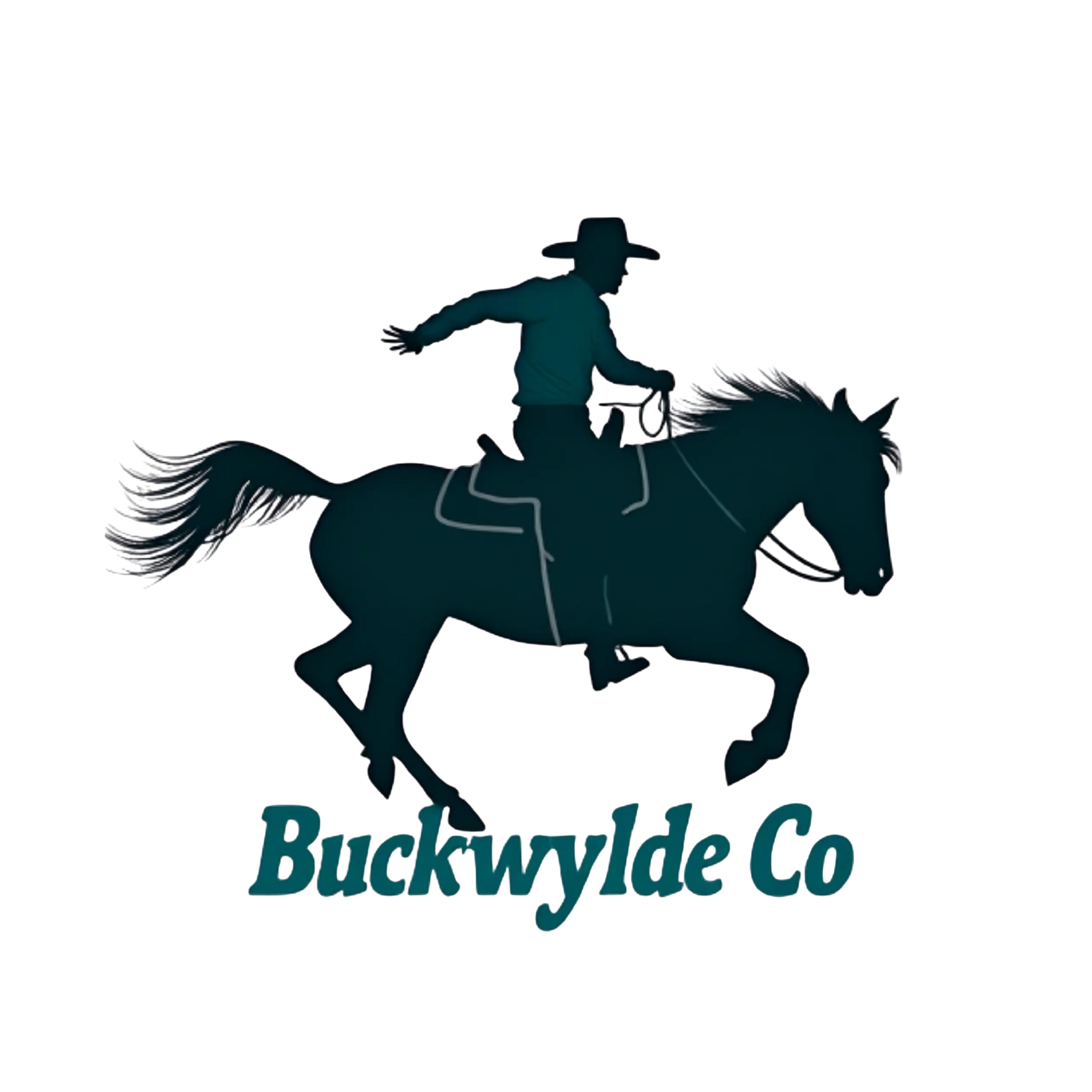 vector style bucking bronc design, bold text "Buckwylde Co." in turquoise, remove background