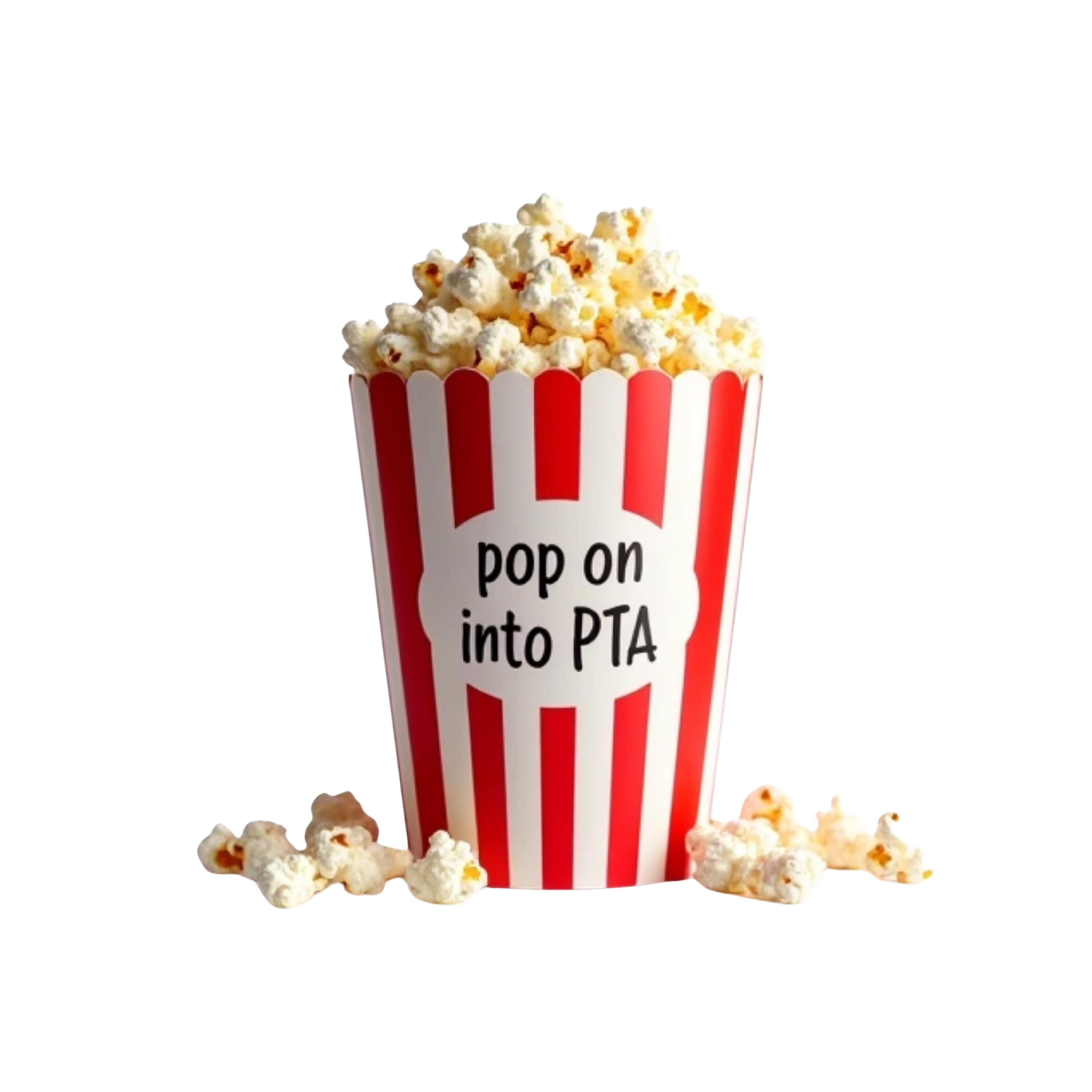 Popcorn bucket with the words "pop on into PTA" on it
