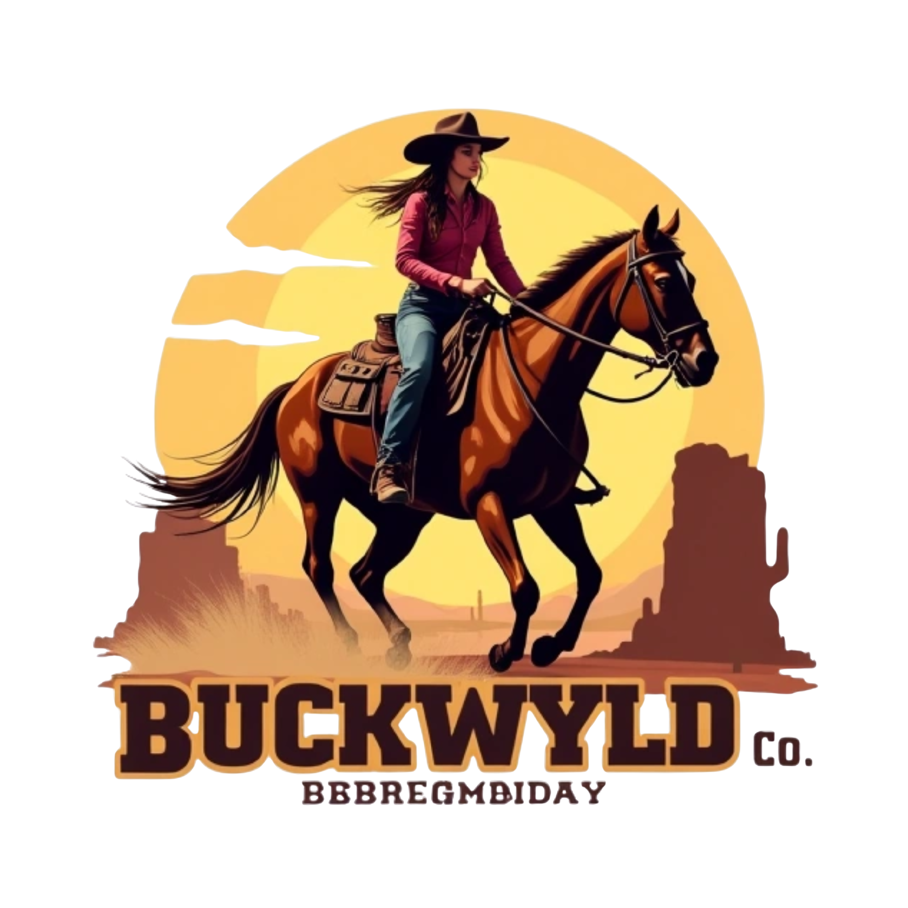 vector-style cowgirl on horse that's raring up with desert style background in full color, bold text "Buckwylde Co.", remove background