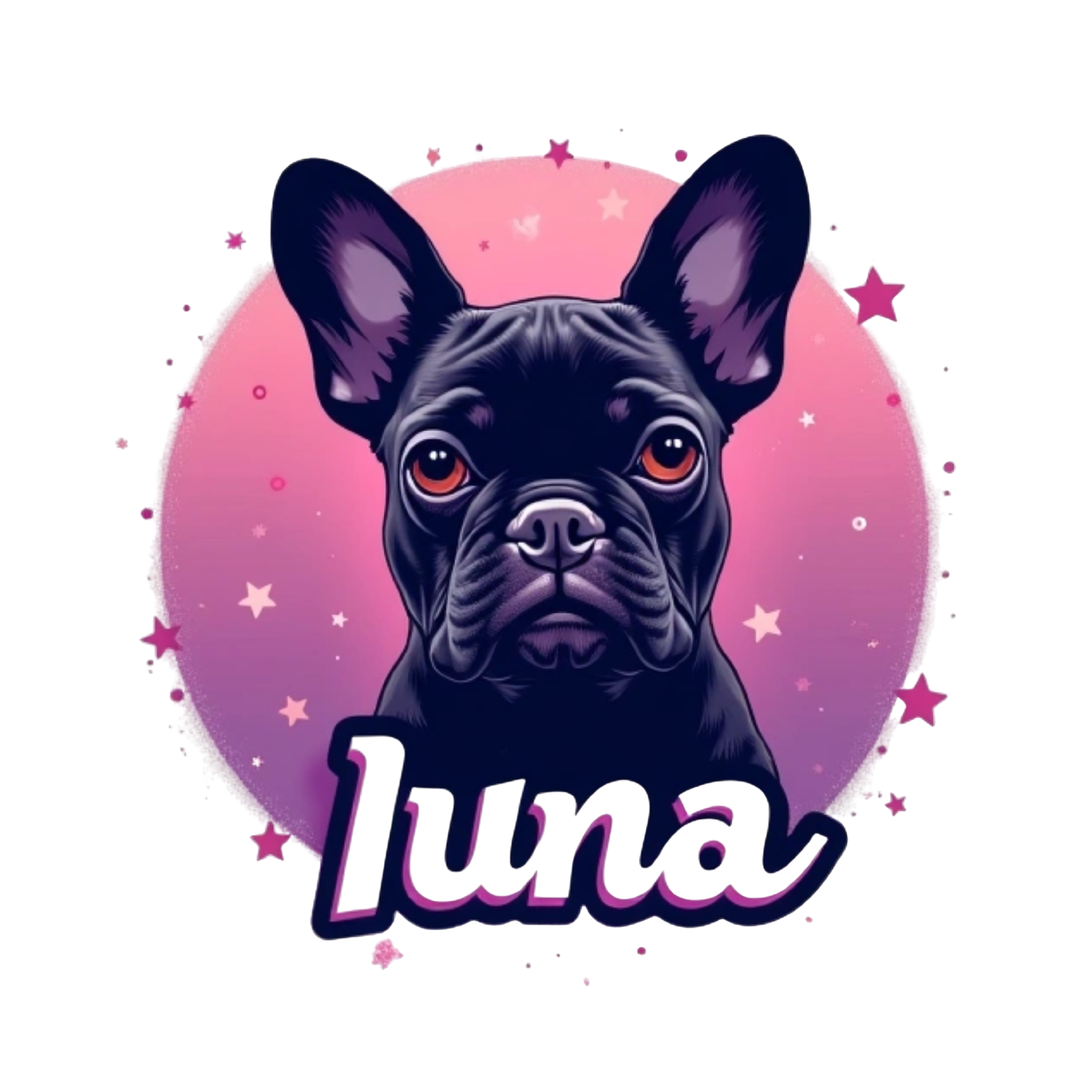 french bulldog with the text "luna" under in a purple gradient and pink stars in the background make it for a tshirt design