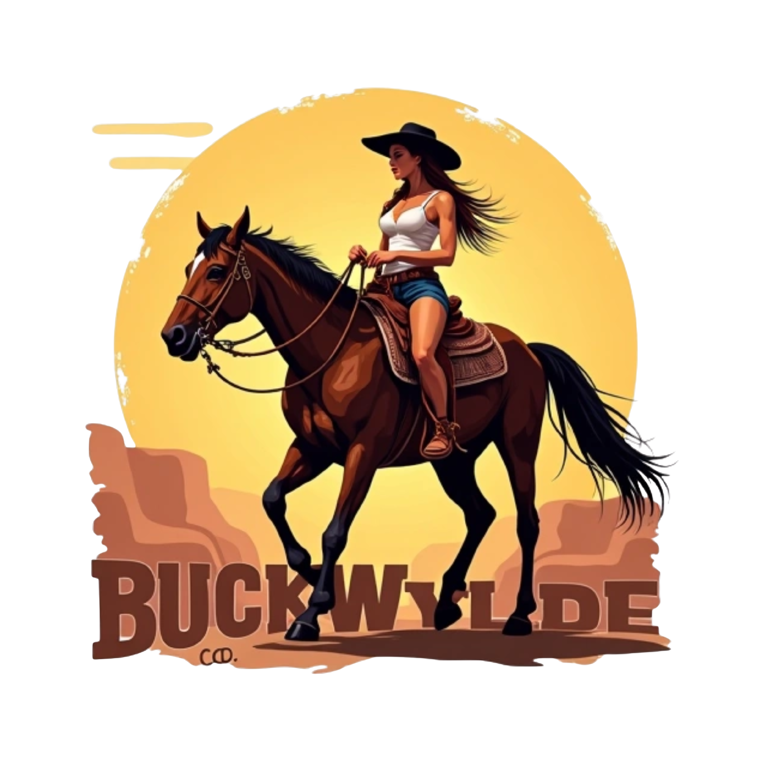 vector-style cowgirl on horse that's raring up with desert style background in full color, bold text "Buckwylde Co.", remove background