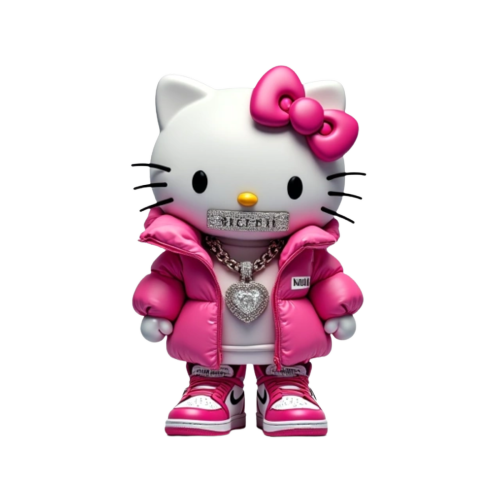 Hello kitty with diamond grills in her mouth wearing a pink puffer jacket and diamond chain with pendant that says “BADDIE” on the chest with pink and white Jordan ones on her feet