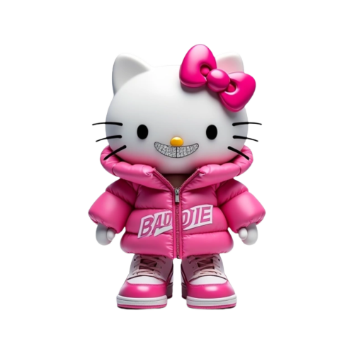 Hello kitty with diamond grills in her mouth smiling and wearing a pink puffer jacket that says “BADDIE” on the chest with pink and white Jordan ones on her feet