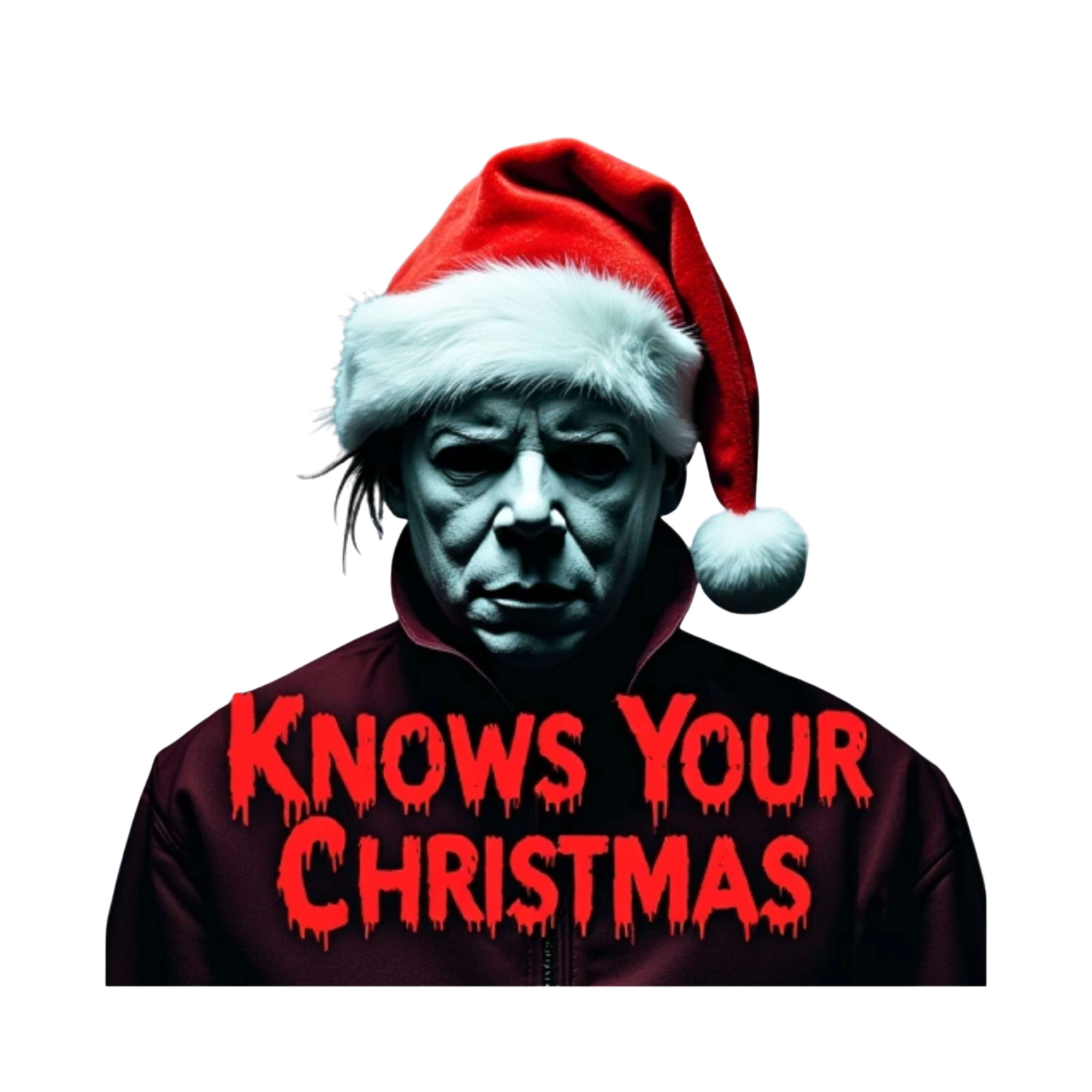 creepy christmas font text, "he sees you when you're sleeping he knows when you're awake"
michael myers wearing santa hat in center