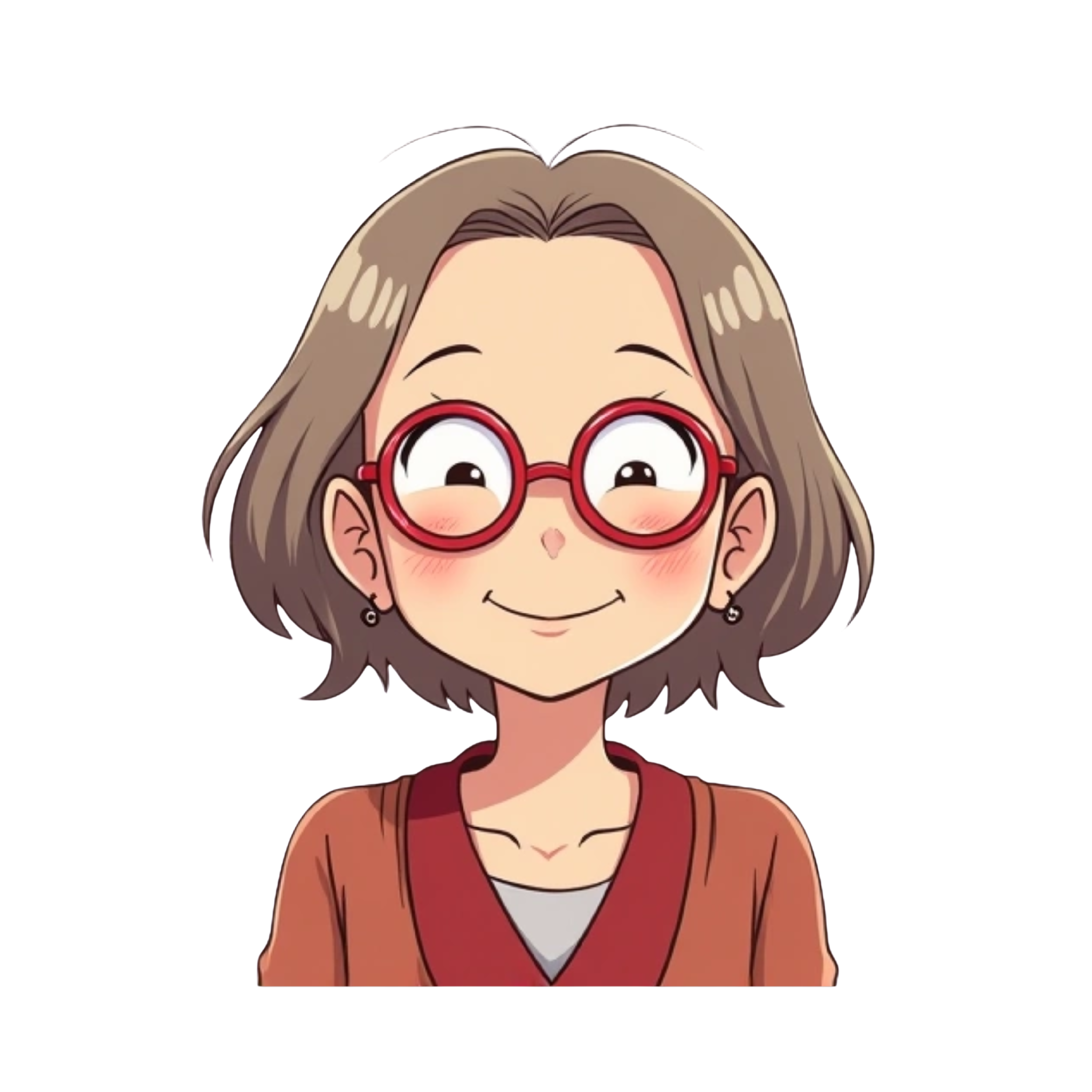 Anime style older Asian woman with light brown hair and red glasses with words saying “HAPPY 70th BIRTHDAY MOMSIE!”