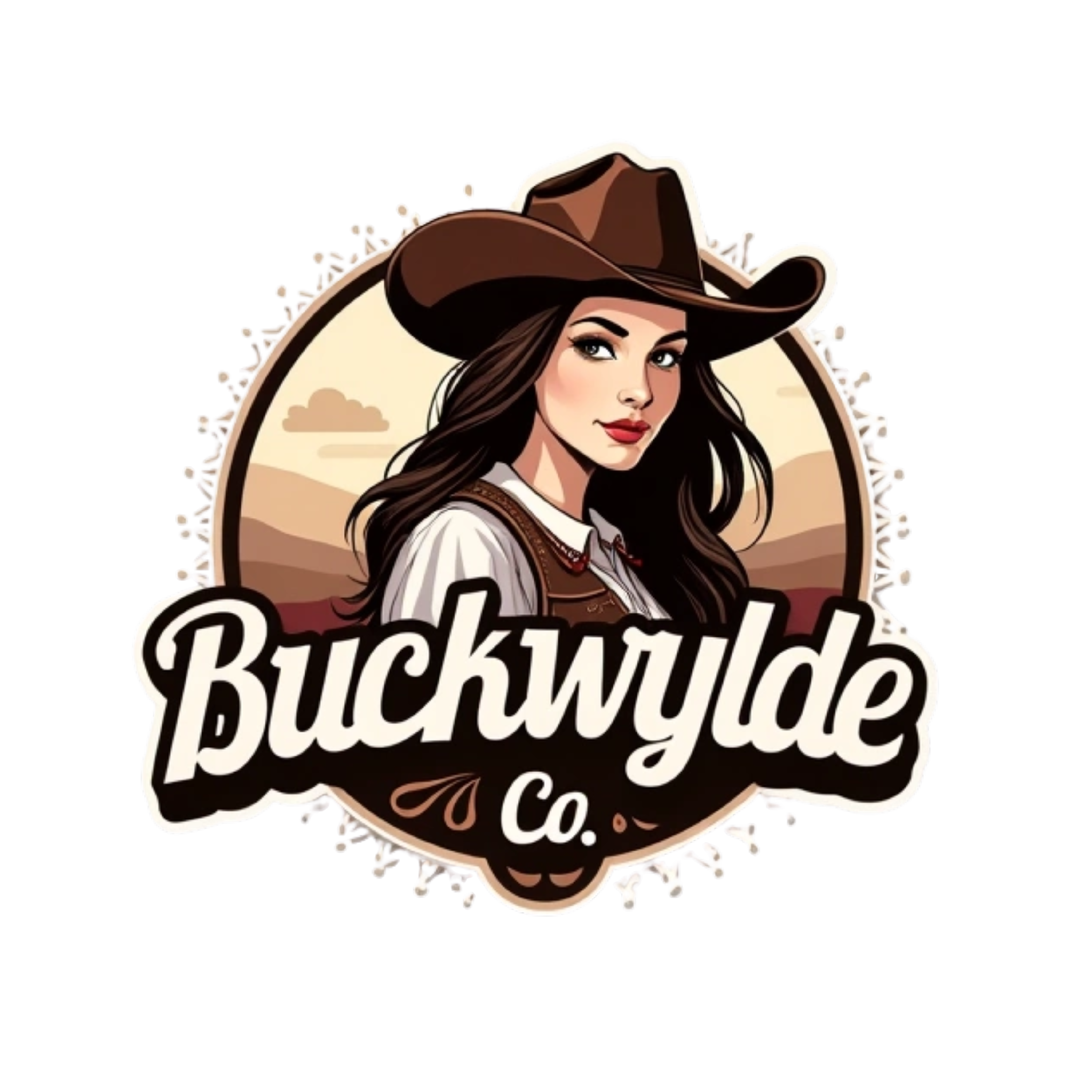 vector style cowgirl design, bold text in script font "Buckwylde Co." , remove background